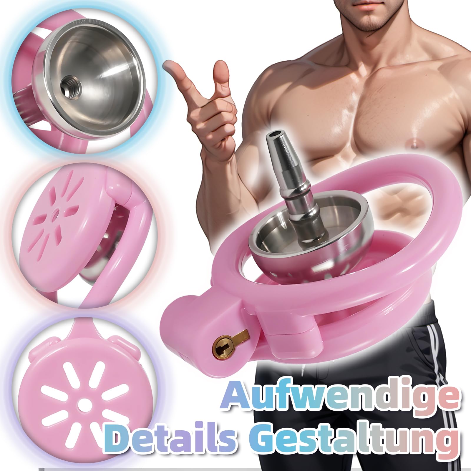 Jouet Adulte Cage Chastetée Plate Cage de Chasteté Inversé avec 4 Anneaux de Tailles Différentes Chastity Cage avec Serrure Dissimulée et Ceinture pour le Bondage du Pénis de l'Homme (M,Pink)