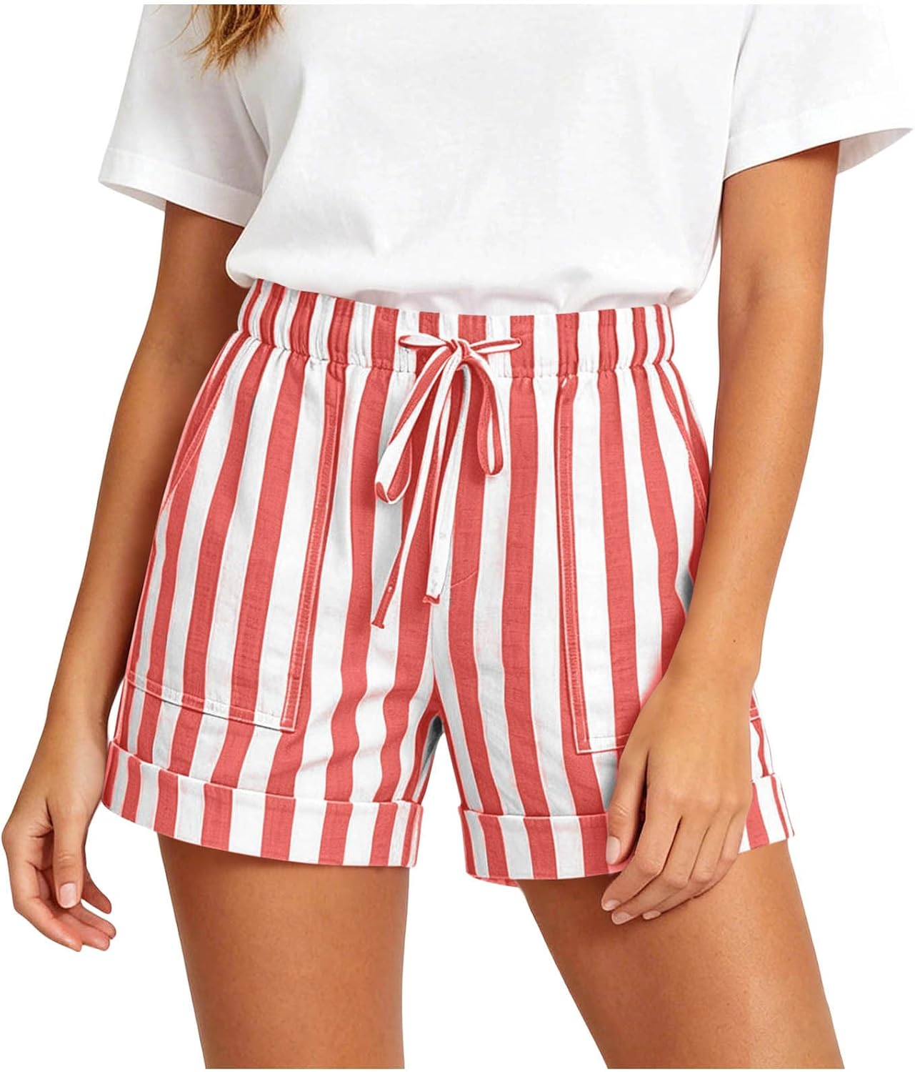 Striped Shorts for Women, High Waisted Drawstring Summer Short | Regular Relaxed Fit, Elastic Gathered Casing, Practical Side Pockets, Striped Knit Feel, Casual Everyday Home Lounge
