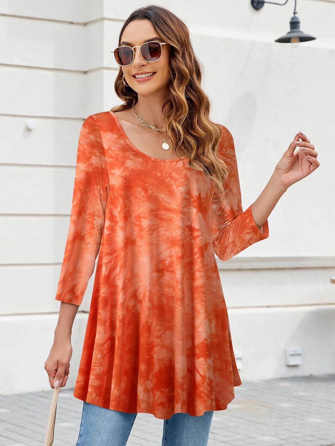 ZENNILO Womens 3/4 Sleeve Loose Fit Swing Tunic Tops Basic T Shirt - Image 2