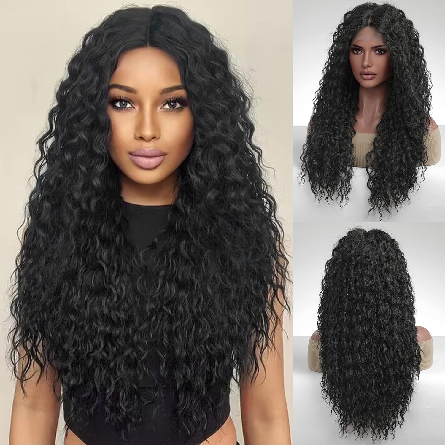 HAIRCUBE Long Black Wigs for Women Lace Wig Curly Wave