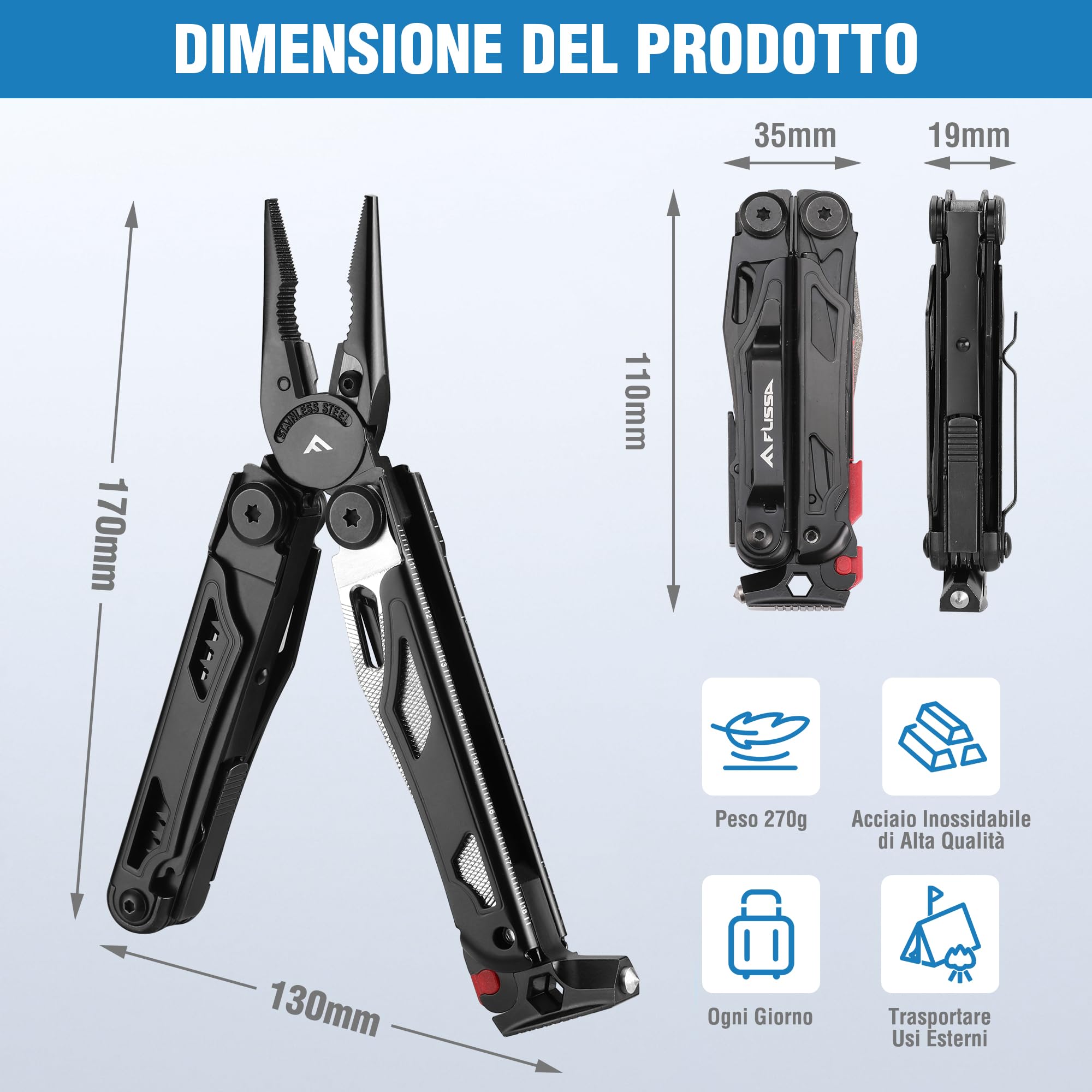 FLISSA Pinza Multiuso 19 In 1, Strumento Multiuso,Ottimo Regalo, Accessori Per Campeggio, Riparazione, Escursionismo,Include Borsa Portatile, Nero
