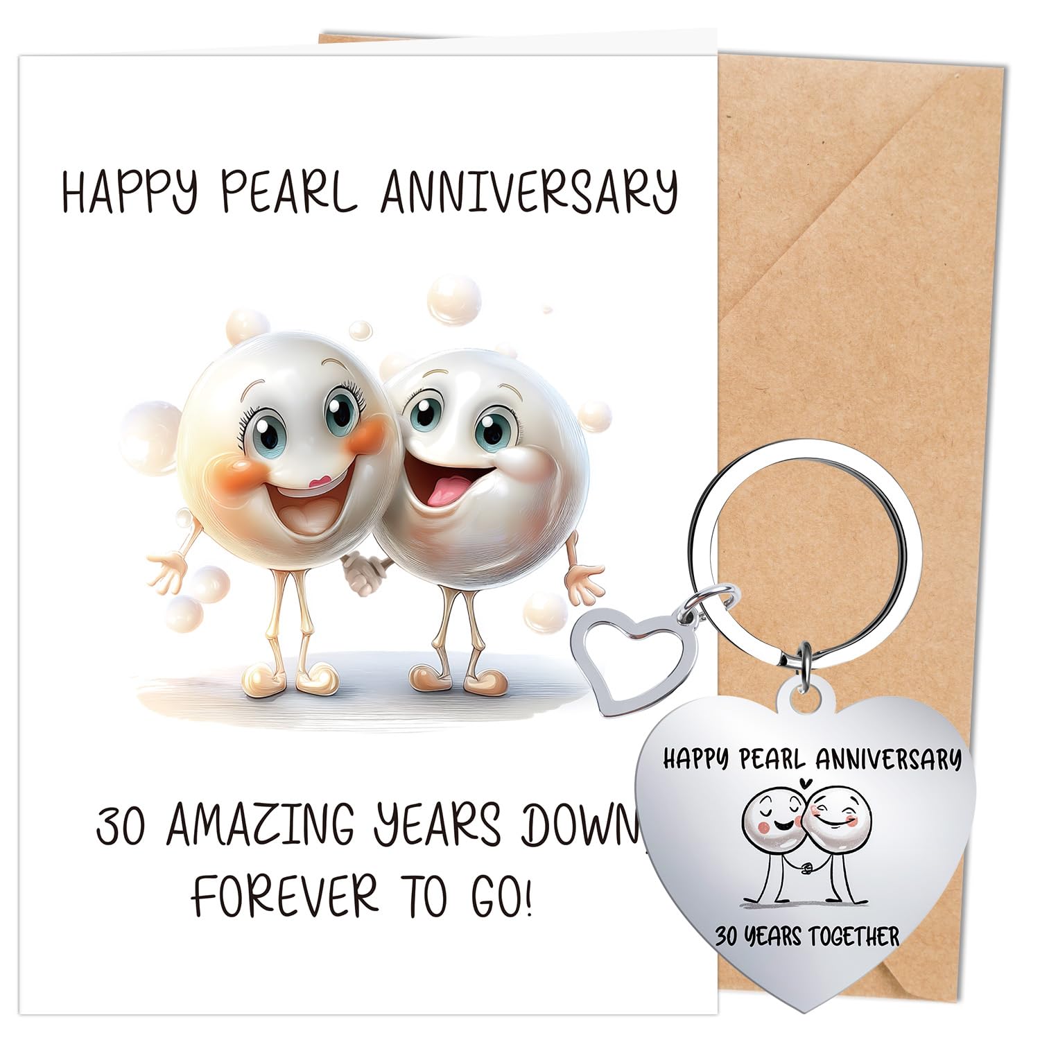 Luvart 30th Pearl Wedding Anniversary Cards - 2Pcs 30th Anniversary Wedding Gifts, Cute Funny Pearl Marriaged 30 Years Card with Envekope and Keyring Presents for Mum Dad Wife Husband Couple