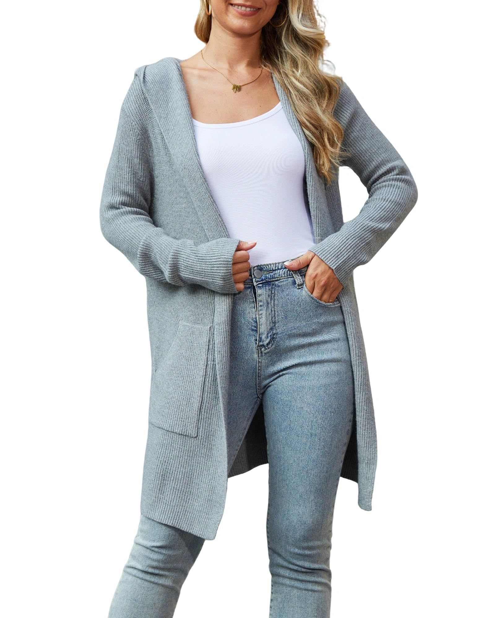 JUOIANTANG Damen Lange Strickjacke mit Kapuze und Taschen