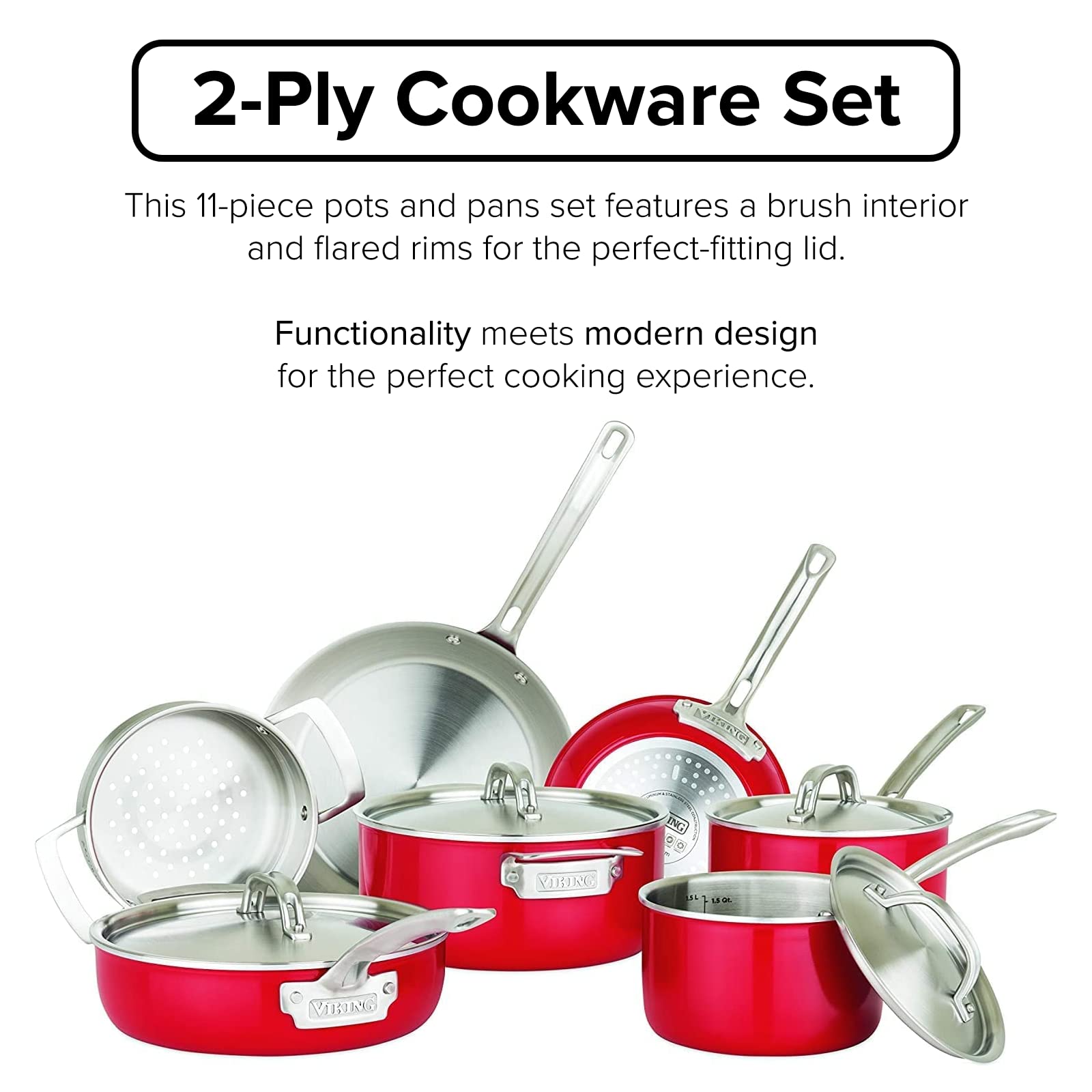 Viking Multi-Ply Color 2-Ply 11pc Cookware Set with Stainless Steel Lids, Red