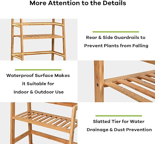 Miniatura 8 de S AFSTAR Soporte de bambú de 4 niveles, estante independiente multifuncional con barandillas, estante de exhibición de plantas en maceta para sala