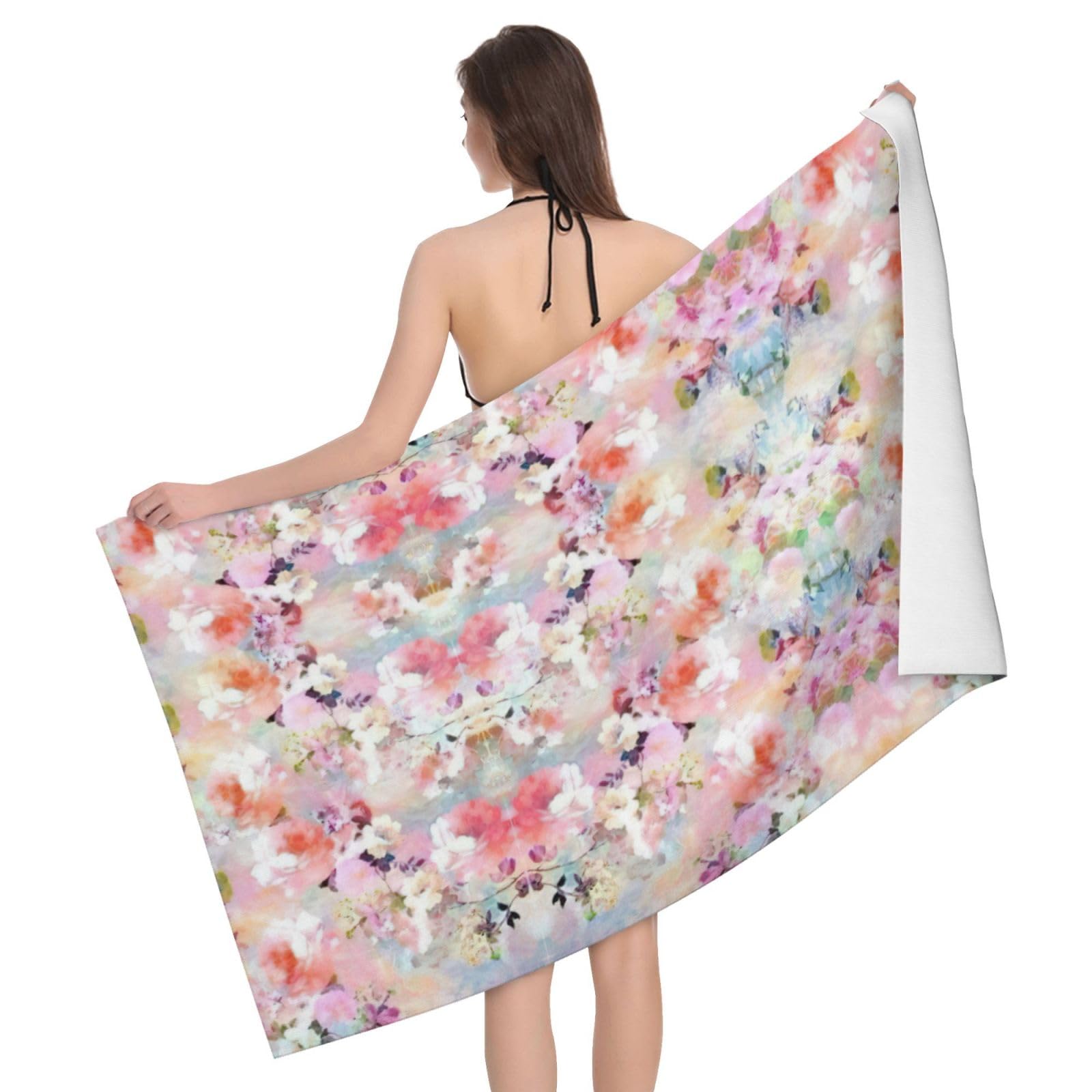 Serviette de bain microfibre ultra absorbante et séchage rapide à motif floral rose