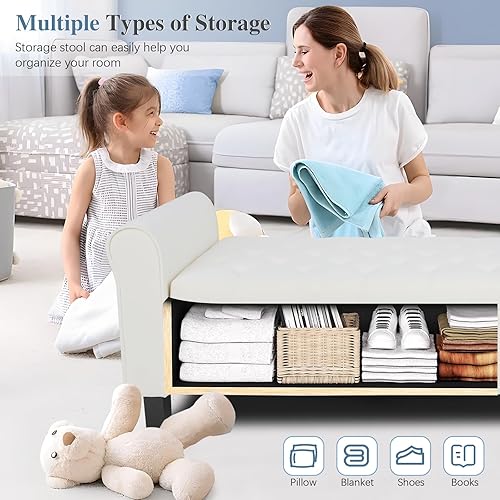 Miniatura 72 de Banco otomano de almacenamiento con brazos, banco de lino para dormitorio, banco de almacenamiento con botones para entrada, sala de estar, pasillo,