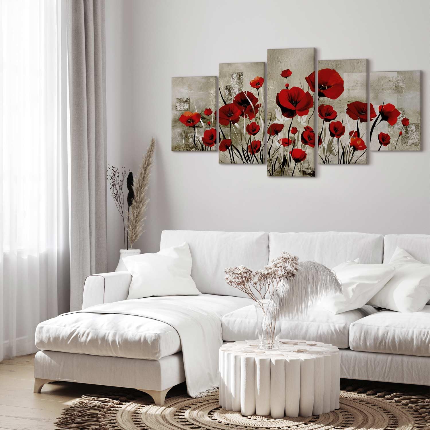 B&D XXL - Quadro Fiori Papaveri 200x100 cm 5 Pezzi Stampa su Tela XL Immagini Moderni Murale Fotografia Grafica Decorazione da parete Quadri Componibili Fiore Papavero Rosso Grigio b-A-0001-b-o