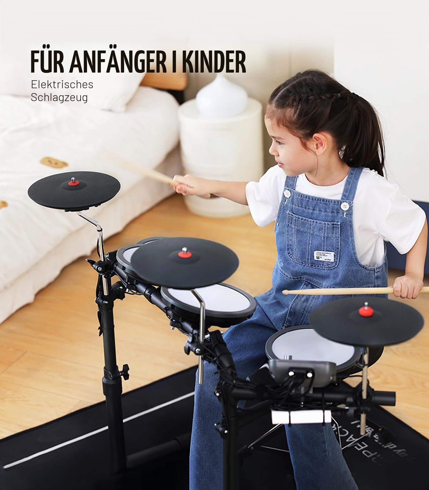 MK-0 Elektrisches Schlagzeug Set mit 4 Quiet Mesh Elektronischen Pads, 5 Zoll Kick Drum 12 Soundkits und 68 Authentische Sounds, USB MIDI, Thron, Sticks, Kopfhörer, 2 Schaltpedale für Anfänger