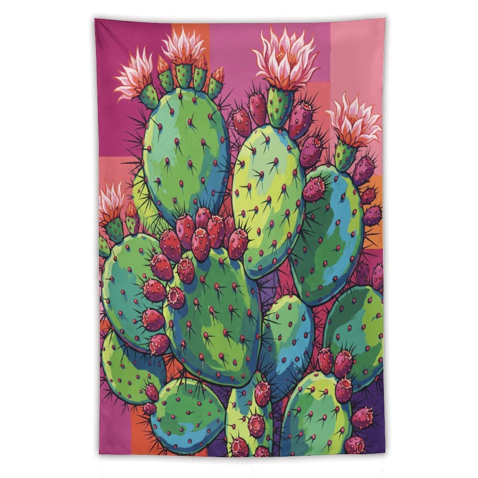 W7C8U2X3 Pink Cactus Botanical Wall Tapestry, Color Block Line Art