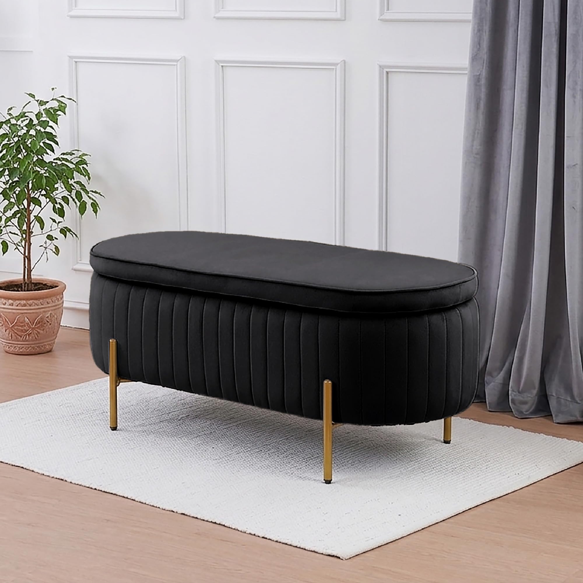 IlGruppone Panca Imbottita Divanetto In Velluto Contenitore Pouf Grande XXL PortaOggetti Panca Sgabello A Pie Di Letto Con Gambe In Metallo Dorato Legno Massello - Nero - Taglia XXL