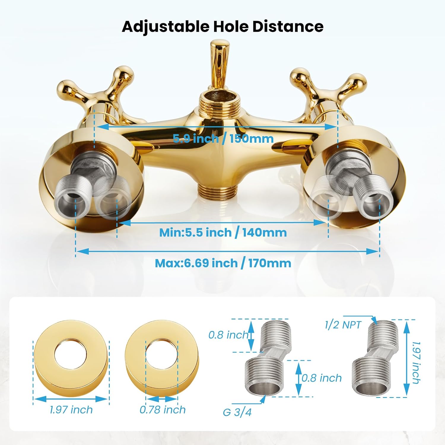 gotonovo Wall Mount Clawfoot Bathtub Faucet with HandHeld Spray and 360° Double Cross Handle Swivel Spout Vintage Tub Shower Faucet Set with Adapter Adjustable Swing Arms Polish Gold