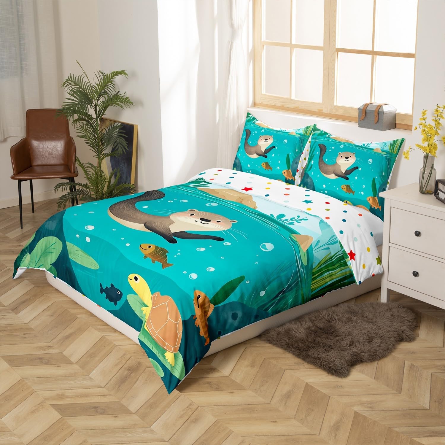 Lovely Otter Kids Duvet Cover Set Toddler Size Underwater View Cute Turtle Fish Bedding Set for Boys Girls Teens Green Leaves Cartoon Animal Rustic Style Quilt Cover with 1 Pillowcase,No Comforter