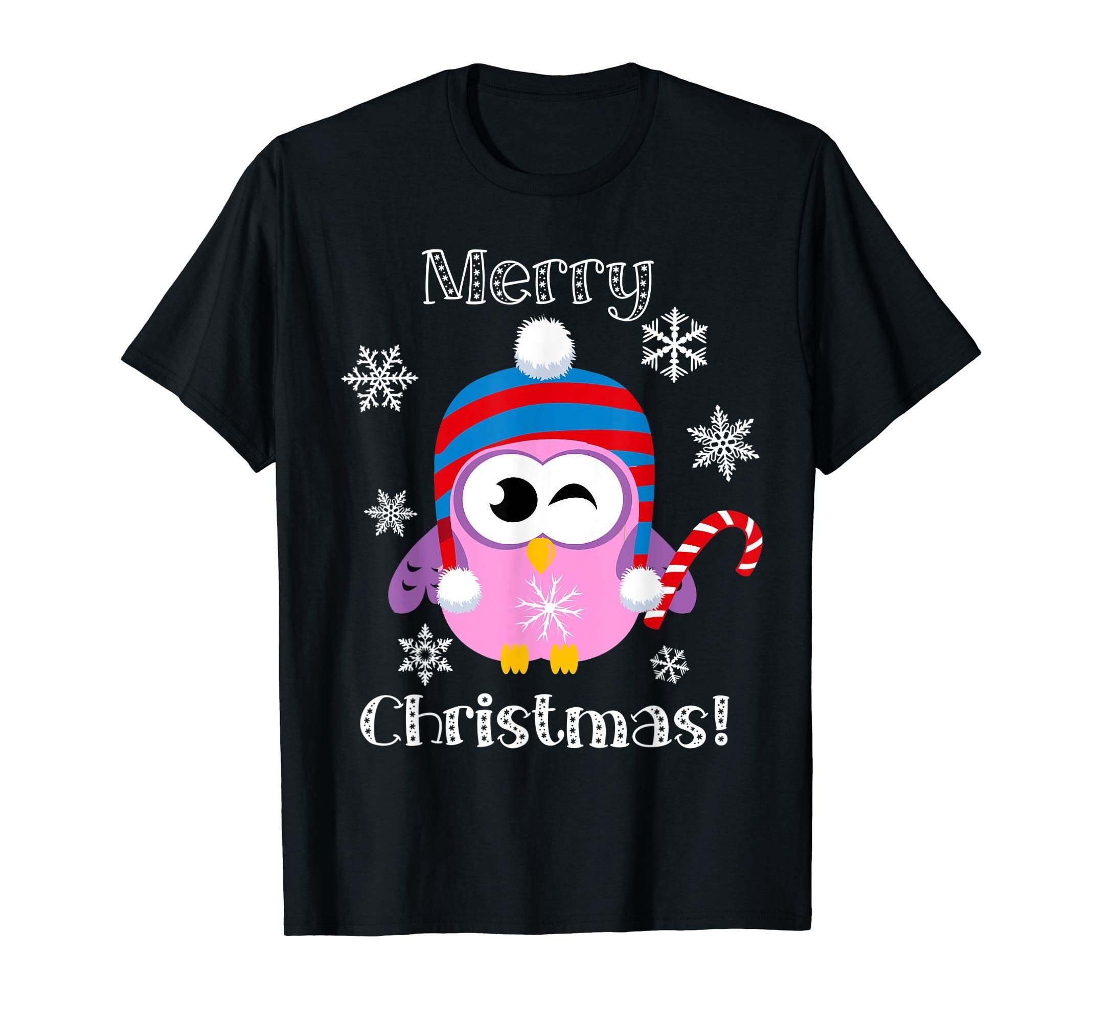 Owl Cute Animal Merry Christmas T-Shirt, Black