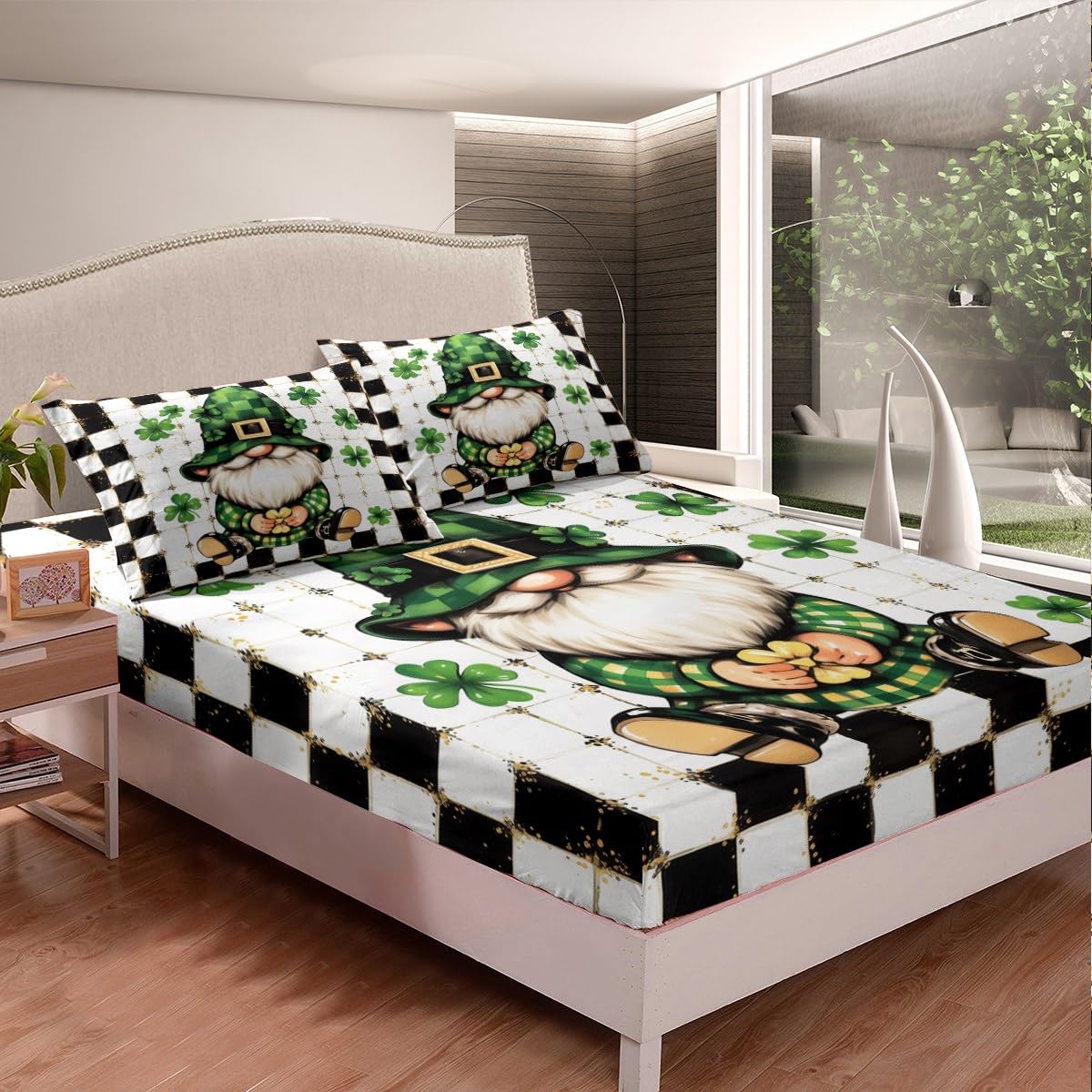 Erosebridal St. Patrick's Day Fitted Sheet Twin Size,Kawaii Spring Gnome Clovers Bedding Set for Child Kids Bedroom Decor,Black and White Buffalo Grid Plaid Sheets,Rustic Farmhouse Sheets