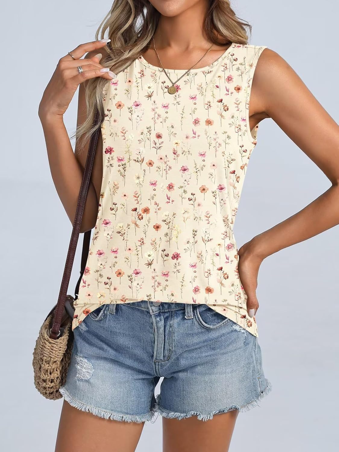 Womens Floral Tank Tops Crewneck Sleeveless Shirts Casual Summer Loose fit Top image 2