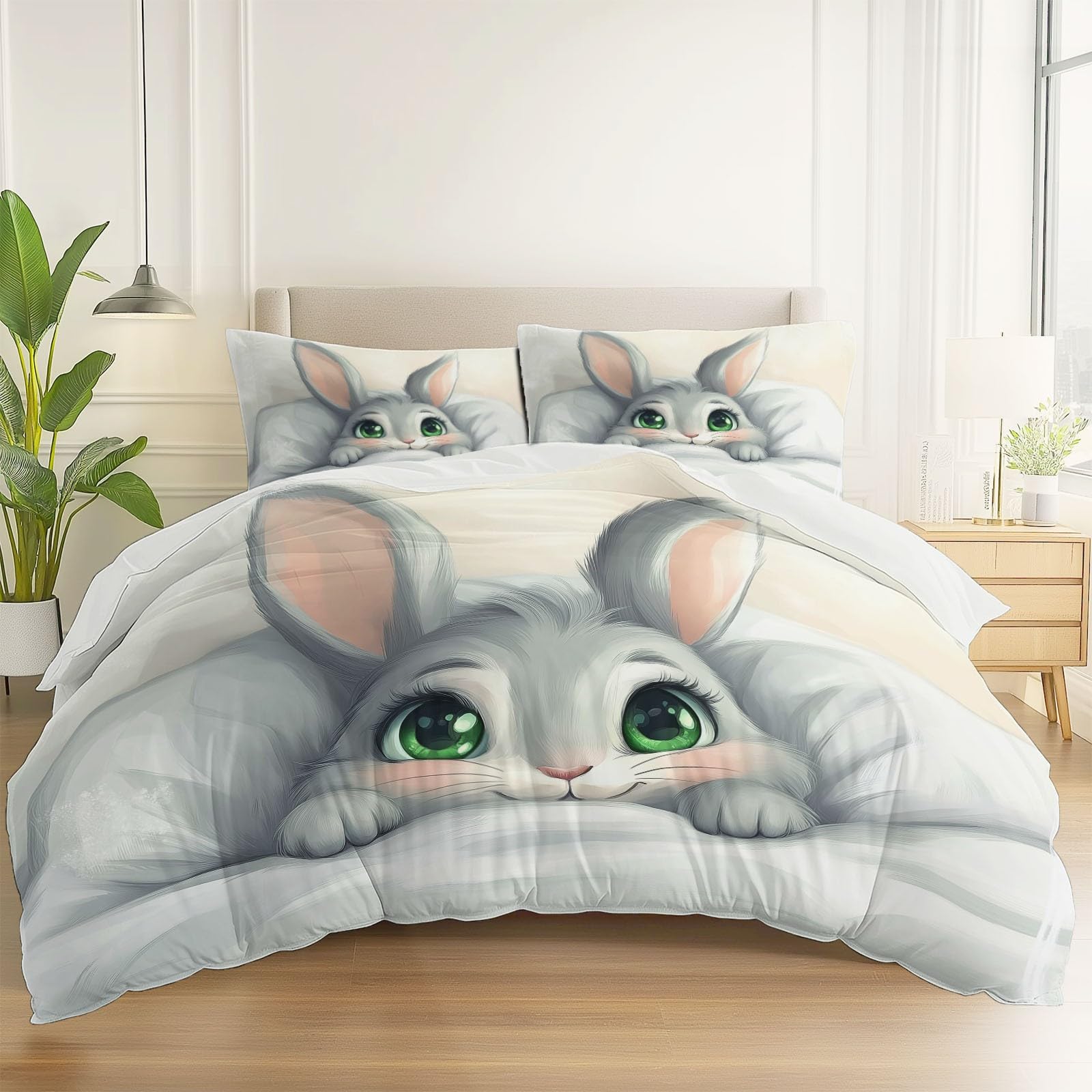 Funda Nordica Adorable Dibujos Animados Conejo, 240 x 260 cm Microfibra Suaves Juego de Ropa de Cama para niños Adultos Cama, Blanco Juego de Funda Reversible