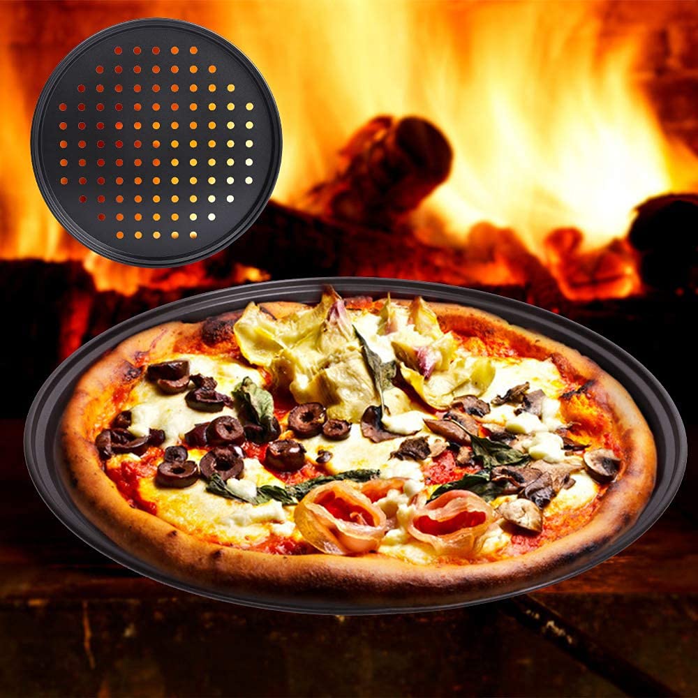 2 Pezzi Antiaderente Teglia per Pizza, Rotonda Teglia per Pizza, Acciaio al Carbonio Teglia per Pizza, Ottimo per Uso Domestico E per Feste, Utilizzato per Preparare Una Varietà di Pizze, Torte