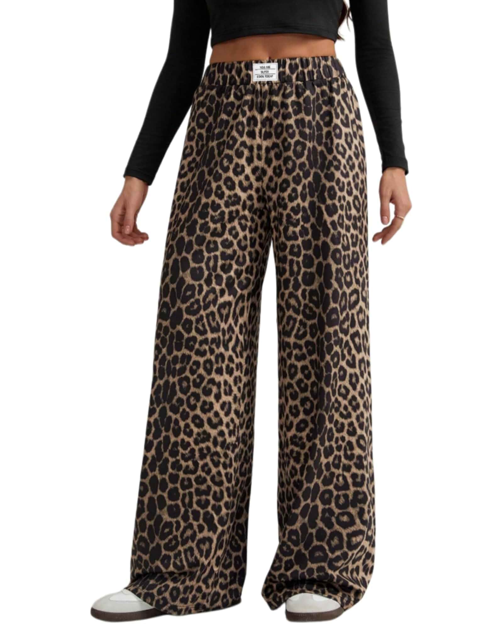 SolegaLume Leropard Pants Women Casual Wide Leg Cheetah Print Pants Elastic Waist Straight Leg Loose Trousers with Pockets