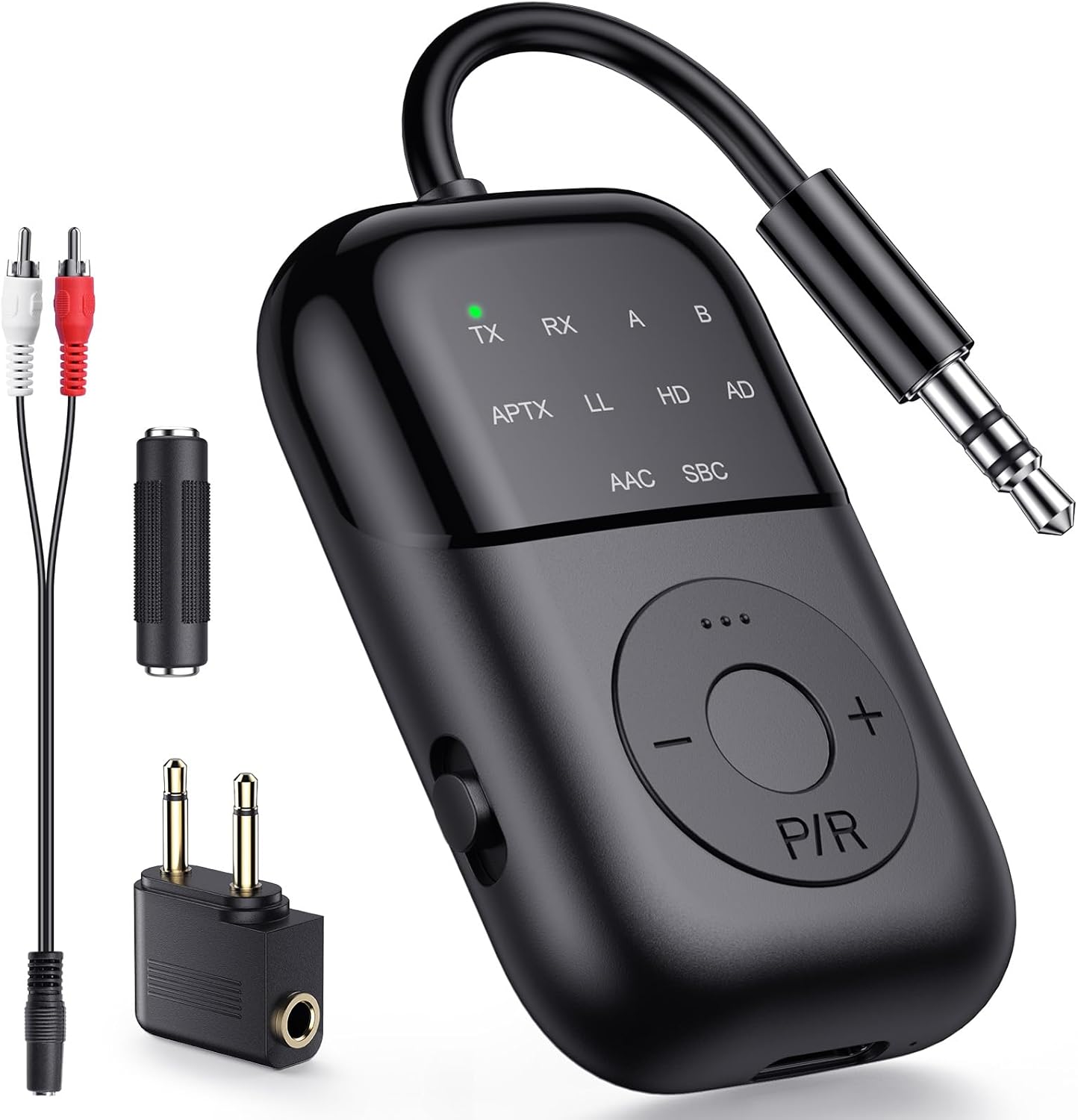 bluetooth transmitter receiver, 2-in-1 bluetooth 5.4 adapter for tv, airplane, gym equipment, cars, pc, supports to 2 wireless headphones, cell phones, wireless receiver for car, home stereo- black