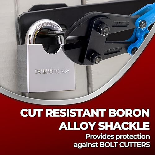 Miniatura 6 de Maudex RPB45 Candado de Servicio Pesado con 5 Llaves - Grillete Endurecido Resistente al Corte de 9mm - Cuerpo Cromado Resistente a la Intemperie