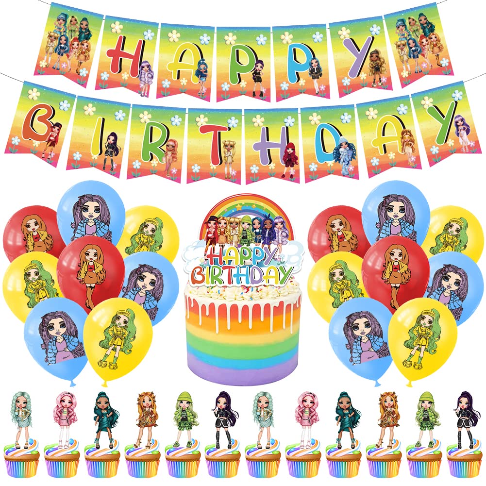 Rainbow Doll Party Decorations, Hilloy 33 Pieces Rainbow Doll Party Supplies, Rainbow Doll Theme Birthday Decoration Rainbow-High Balloon Happy Birthday Banner Cake Toppers for Girls Kids Baby Shower
