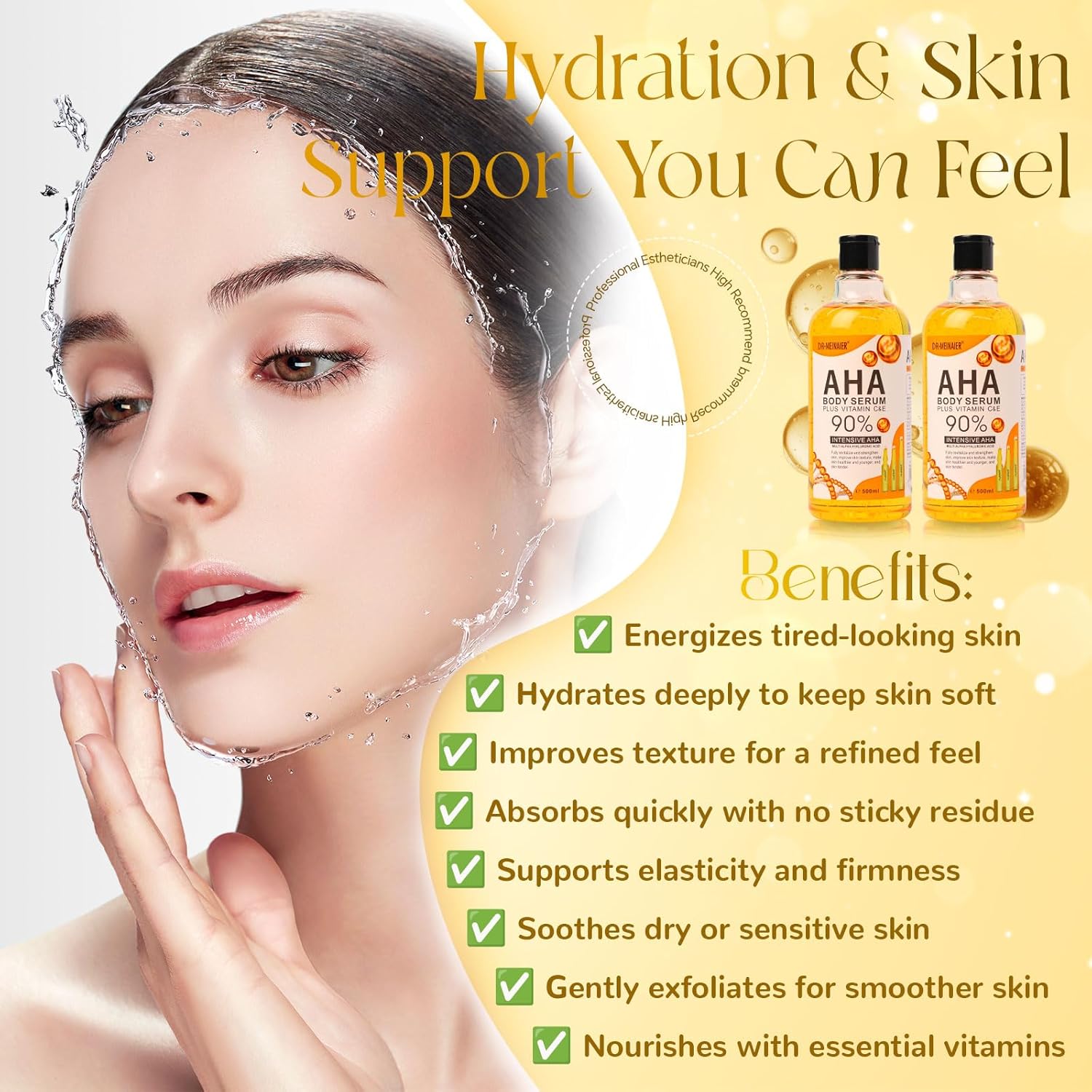 Dr. Meinaier AHA Serum with Vitamin C & E | Gentle Exfoliating & Hydrating Face & Body Serum | Korean-Inspired AHA Care for Smooth and Refreshed Skin