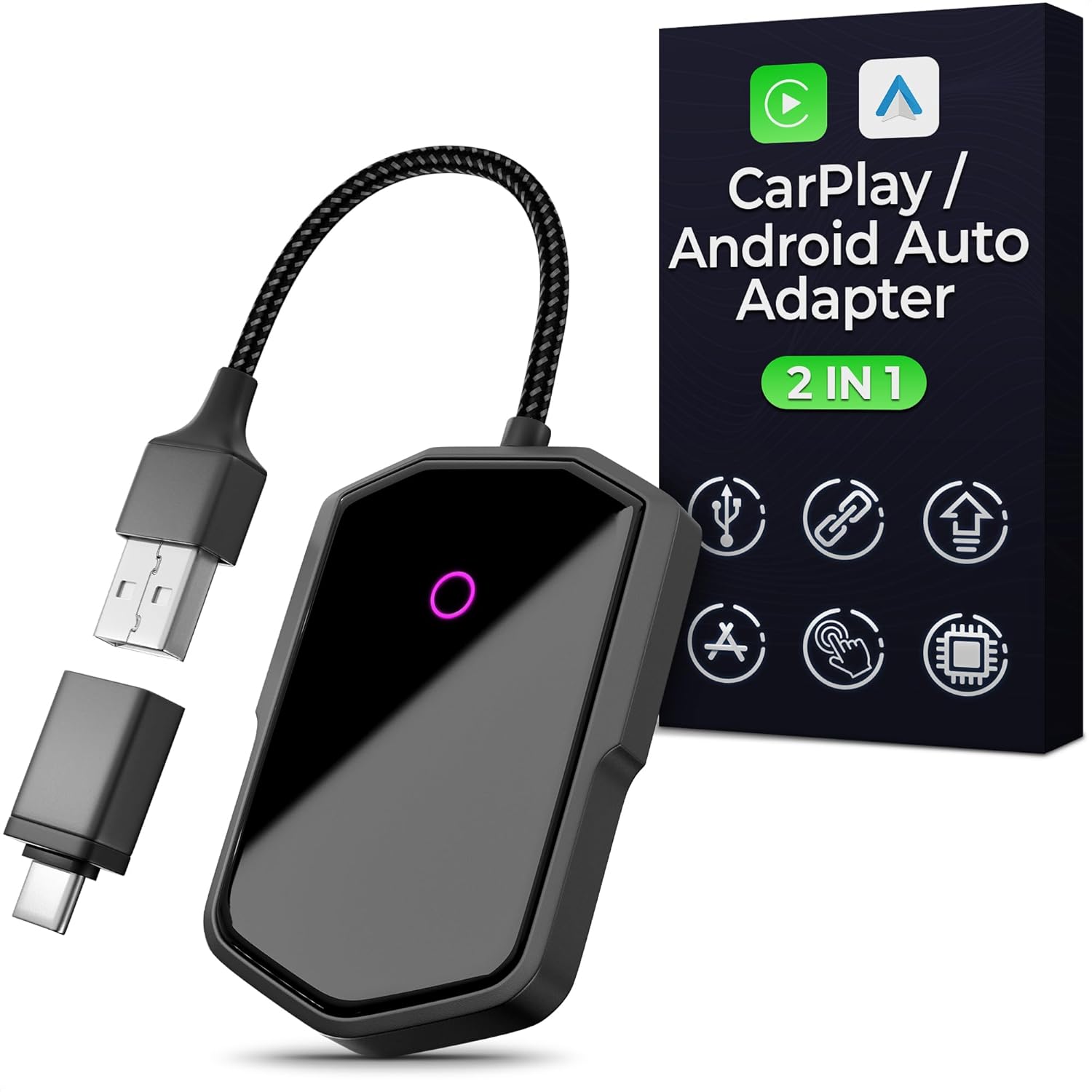 2 in 1 Wireless CarPlay Adapter for iPhone & Android - 2025 Edition Easy Plug & Play Setup, Auto-Reconnect, WiFi & Bluetooth CarPlay Adapter for iPhone | iOS 10+/Android 11+ | Fast, Stable Connection