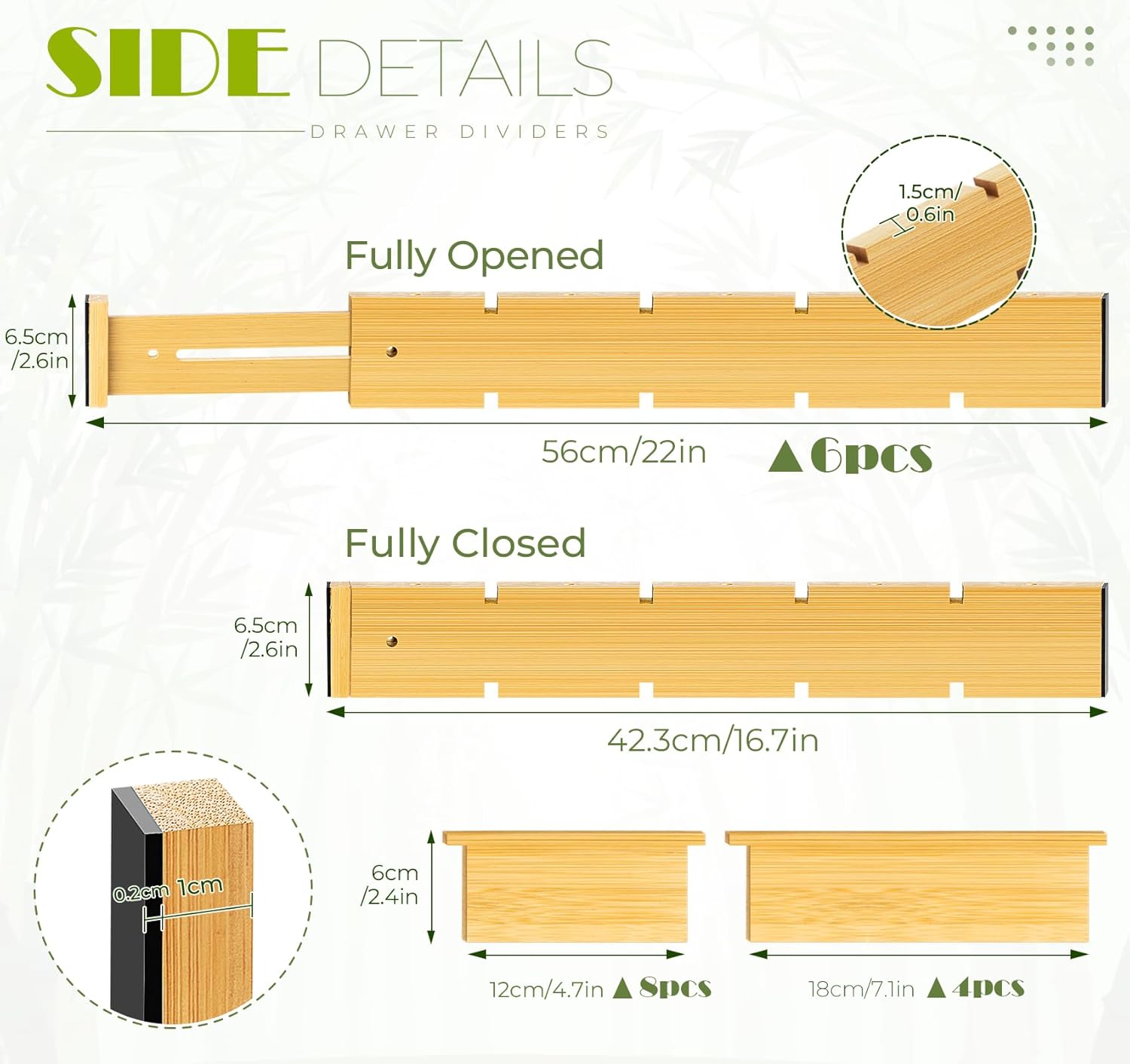 6PCS Bamboo Drawer Dividers with Inserts, Expandable Kitchen Utensil Drawer Organizers,Adjustable drawer organizer for deep drawers Dresser Closet Underwear Storage Bedroom Bathroom Drawers(16.6"-22") - Image 2