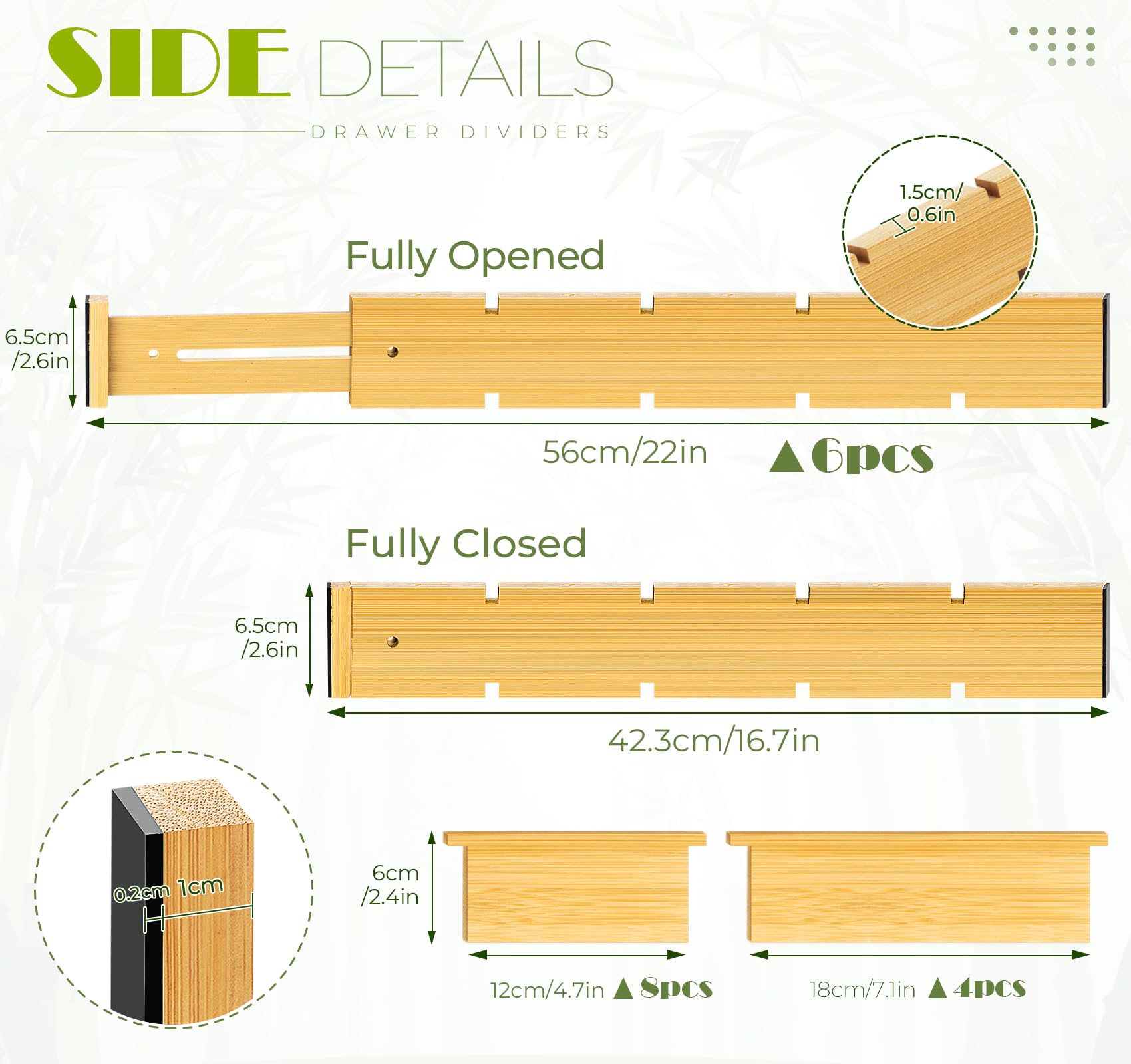 6 PCS Bamboo Drawer Dividers with 12 Inserts, Expandable Kitchen Utensil Drawer Organizers, Adjustable for Dresser, Closet, Underwear Socks Storage, Bedroom and Bathroom Drawers (16.6-22 Inches)