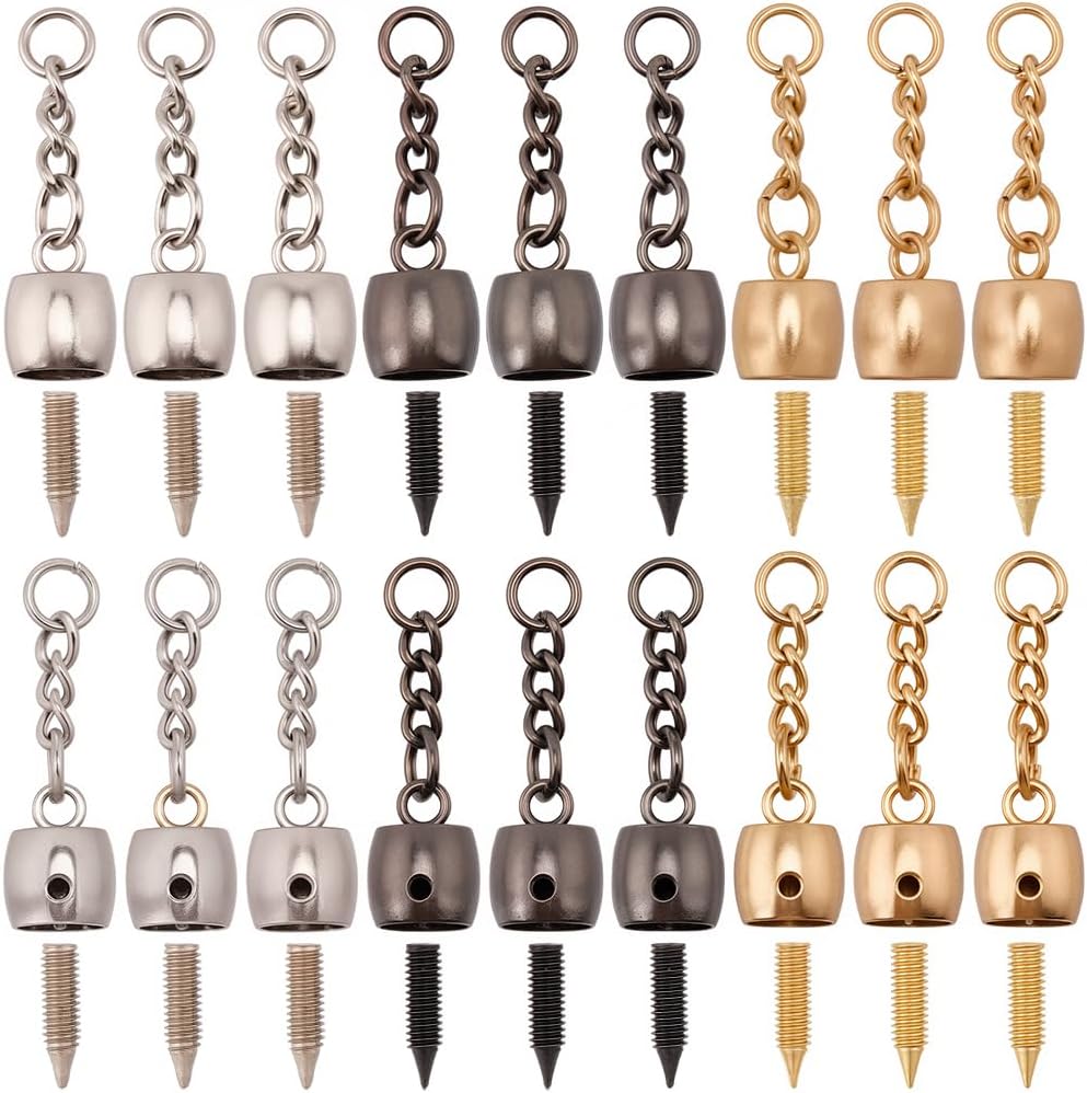 SUNNYCLUE 1 Box 30 Sets Tassel End Caps Tassel Cord End Caps with Screws and Curb Chain Gold Silver Black Alloy Glue in Cord Bead Bails for DIY Crafts Leather Zipper Pulls Bags Keychain Accessories