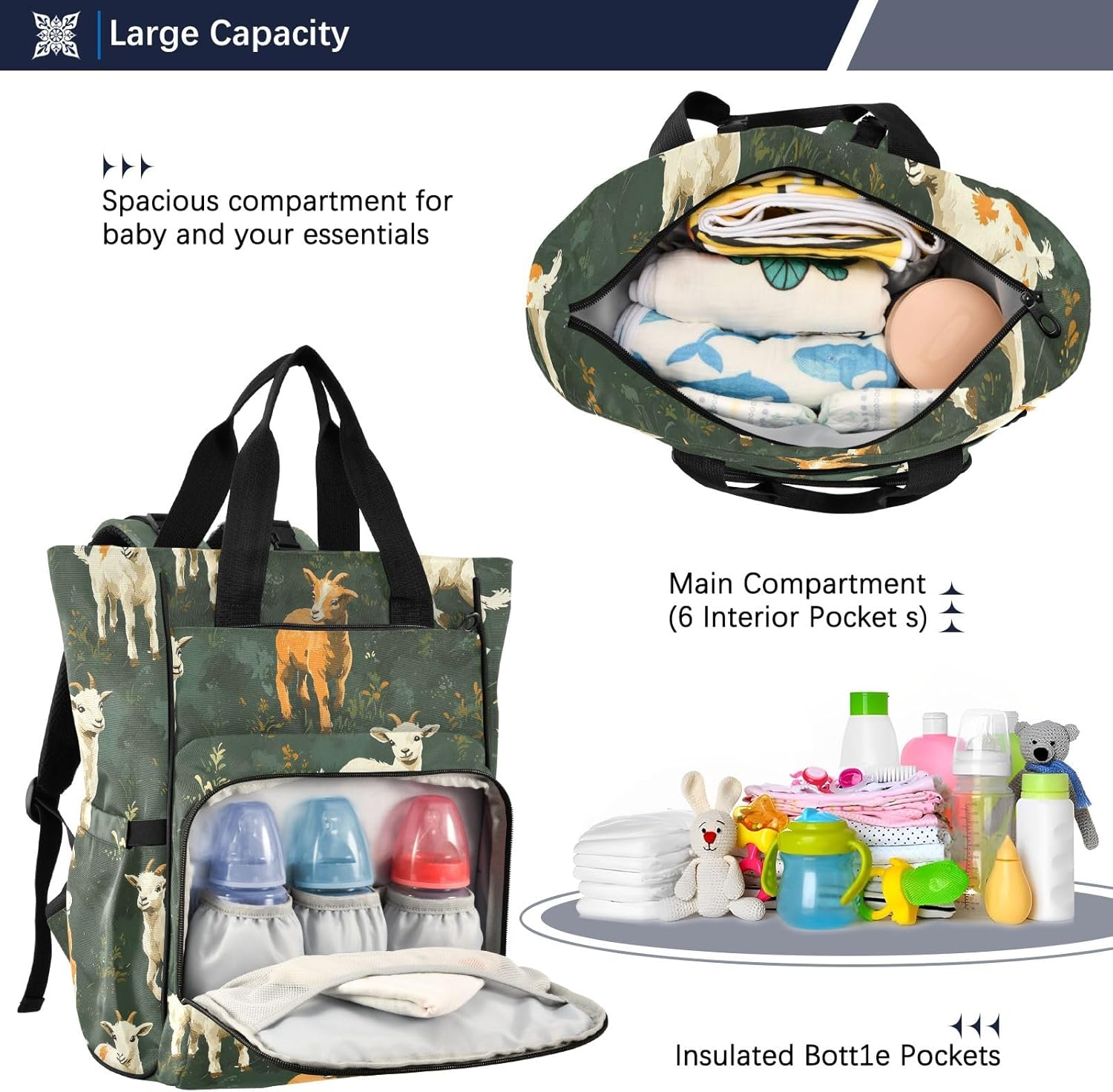Diaper Bag Backpack Tote Multifunction Baby Nappy Changing Bags Goat Grass Large with Stroller Straps Travel