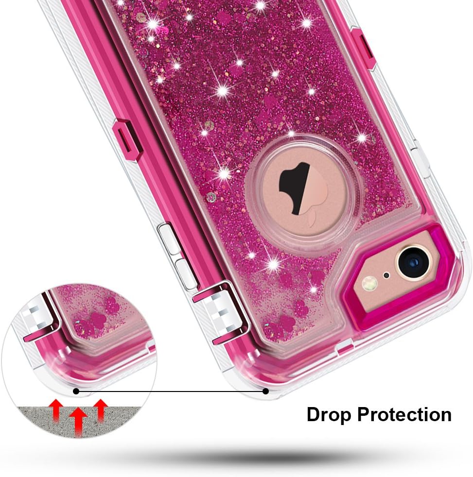 Anuck Case for iPhone 8 Case, for iPhone 7 Case (4.7 inch), 3 in 1 Hybrid Heavy Duty Defender Case Sparkly Floating Liquid Glitter Protective Hard Shell Shockproof TPU Cover - Rose Red