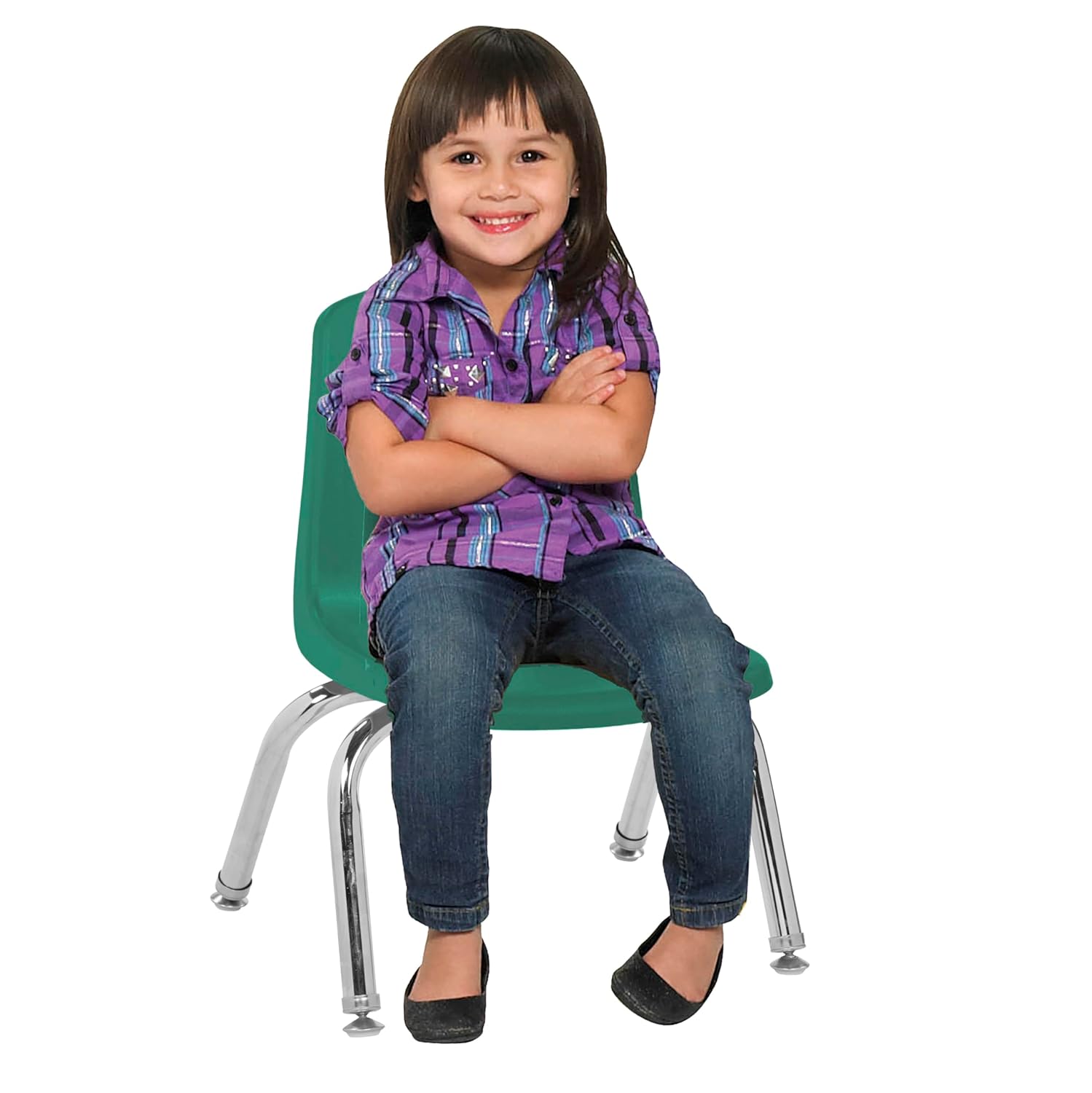 FDP 10" School Stack Chair,Stacking Student Seat with Chromed Steel Legs and Nylon Swivel Glides for in-Home Learning or Classroom - Green (4-Pack), 13227-GN