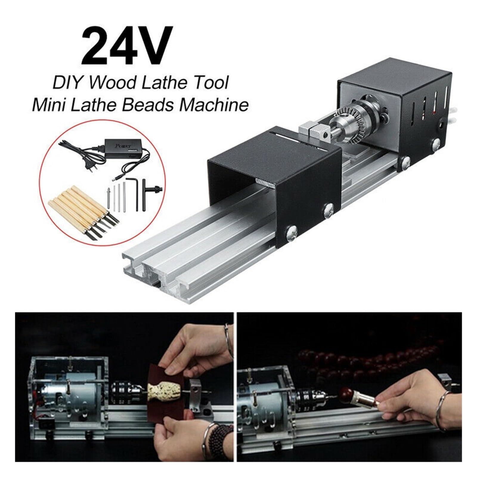 200W Mini Tokarka Koraliki Maszyna Do Obróbki Drewna DIY Tokarka Polerowanie Zestaw Wierteł Z Adapterem Frez Rzeźbiarski Tokarka Do Drewna I Wysoka Precyzja, Stabilność, Niski Poziom HałAsu(Black)