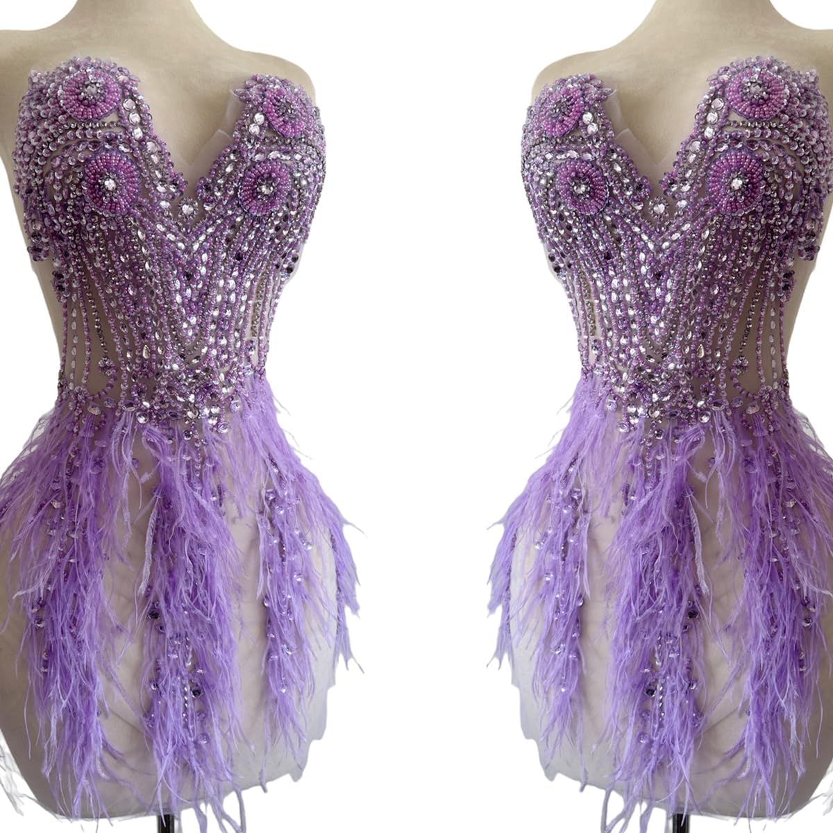 Pure handsewing Beads Trim Patches Rhinestones Bodice Applique with Ostrich Fur Decoration Shining Dress Clothing Accessories (Lightpurple)