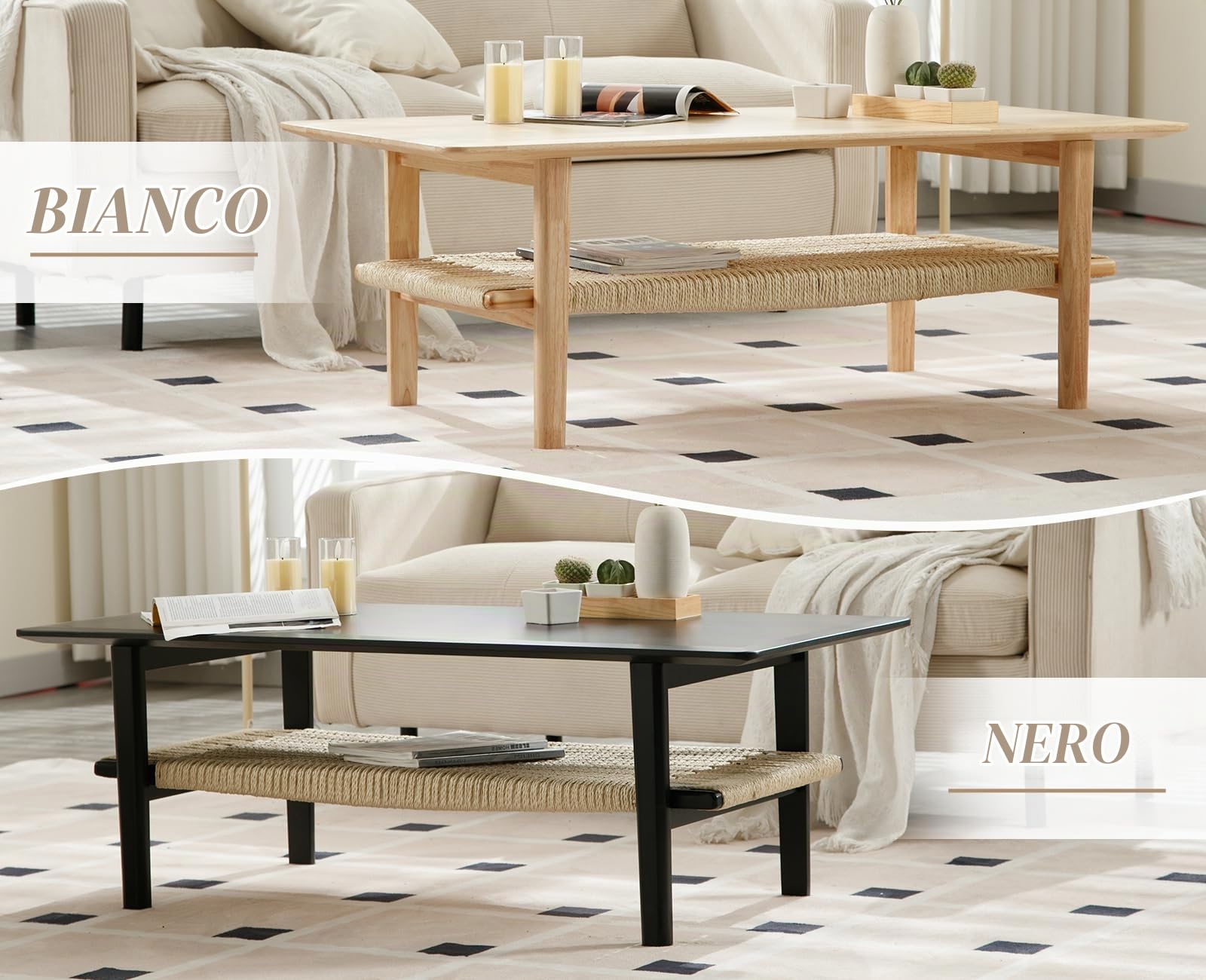 Ya-Home Tavolino da Salotto con Ripiano Intrecciato Tavolino da Caffè Moderno a Doppio Strato in Legno Tavolino Basso da Divano Soggiorno/Camera da Letto/Ufficio, Legno Naturale