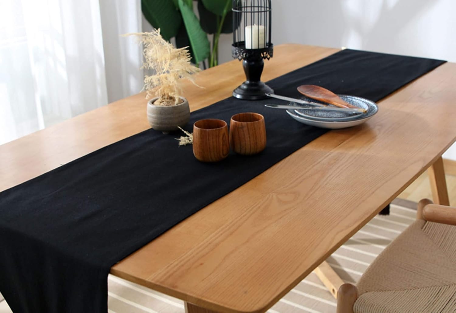 Decorative Table Runner,33x240CM,Simple Solid Color with Tassel Table Runner Decoration Cotton,Home Decor Table Runner Black