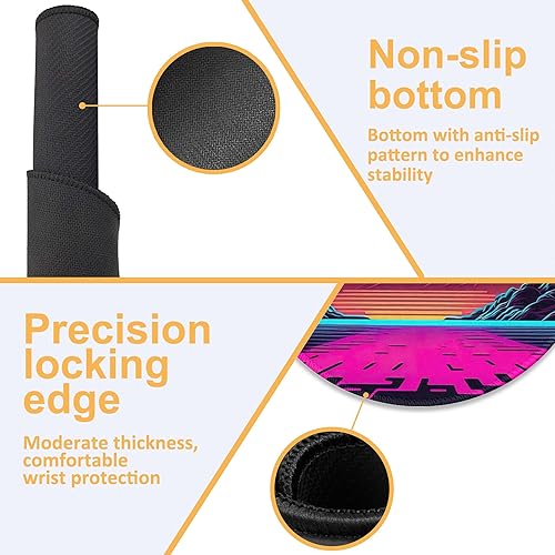 Miniatura 6 de Tapete de escritorio, alfombrilla de mouse retro para juegos de puesta de sol de neón, 8.8 pulgadas, con base antideslizante y borde cosido,