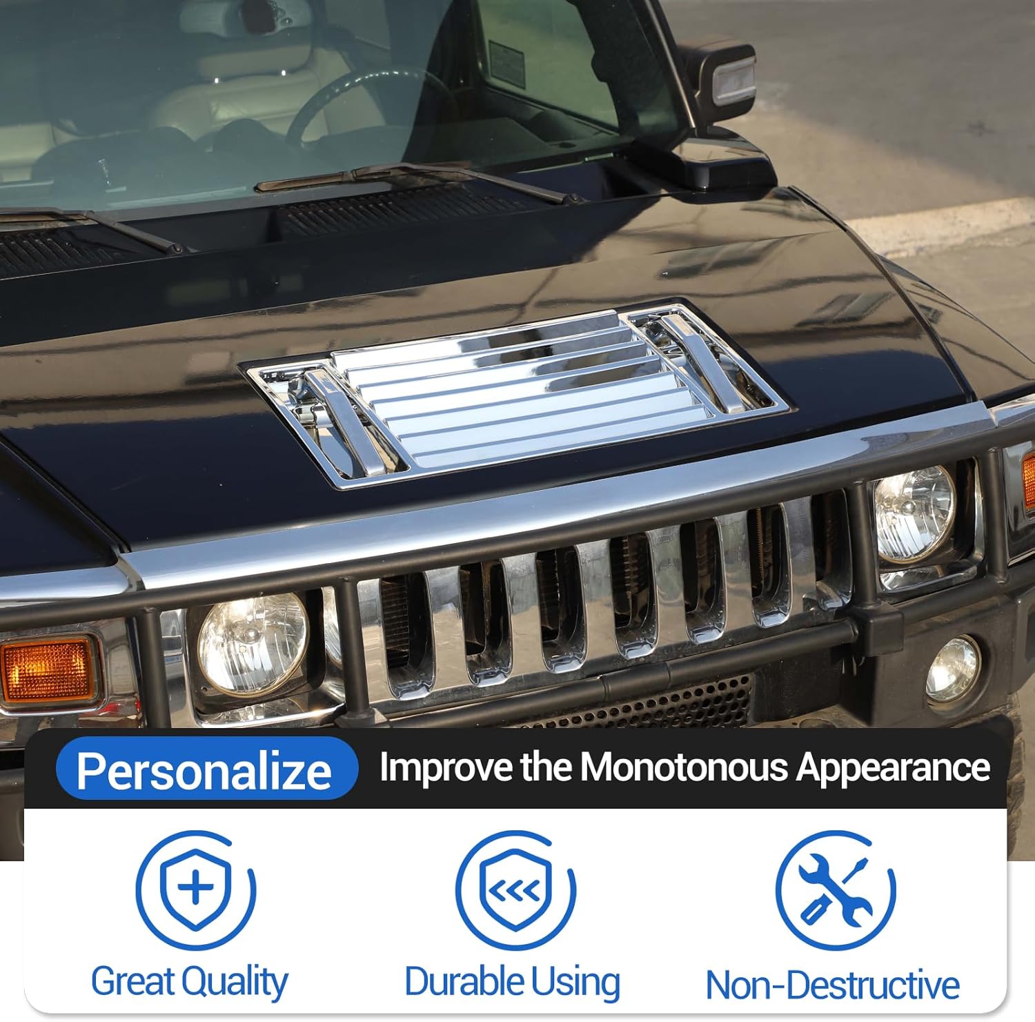 Hood Deck Vent Panel Trim Compatible with Hummer H2 2003-2009, Front Hood Vent Louver Cover, ABS Hood Deck Vent Panel Covers Trim Moulding (Bright Silver)