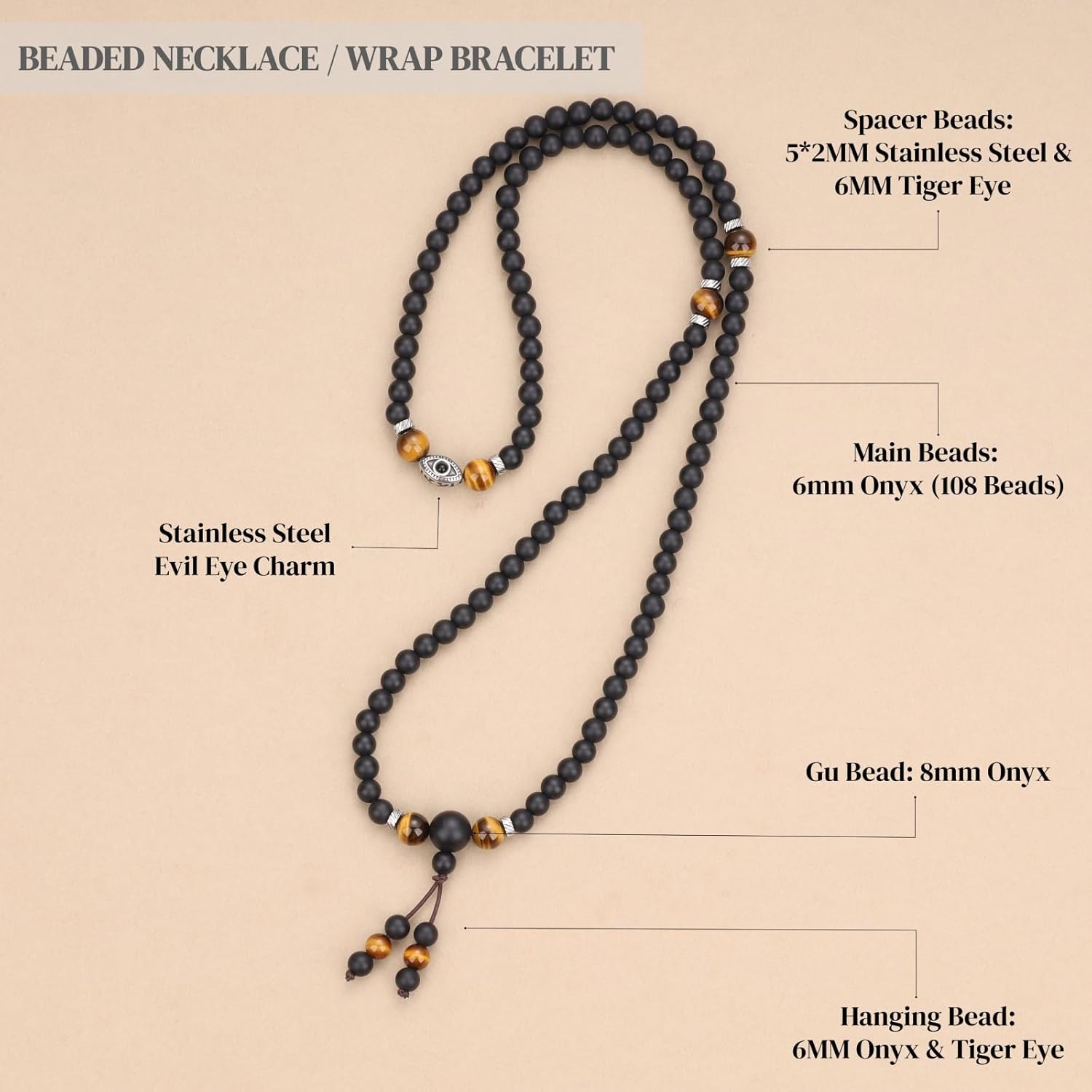 COAI Onyx Tiger Eye Evil Eye Wrap Bracelet Beaded Necklace, 108 Mala Beads Prayer Necklace for Men Women 6mm - Image 4