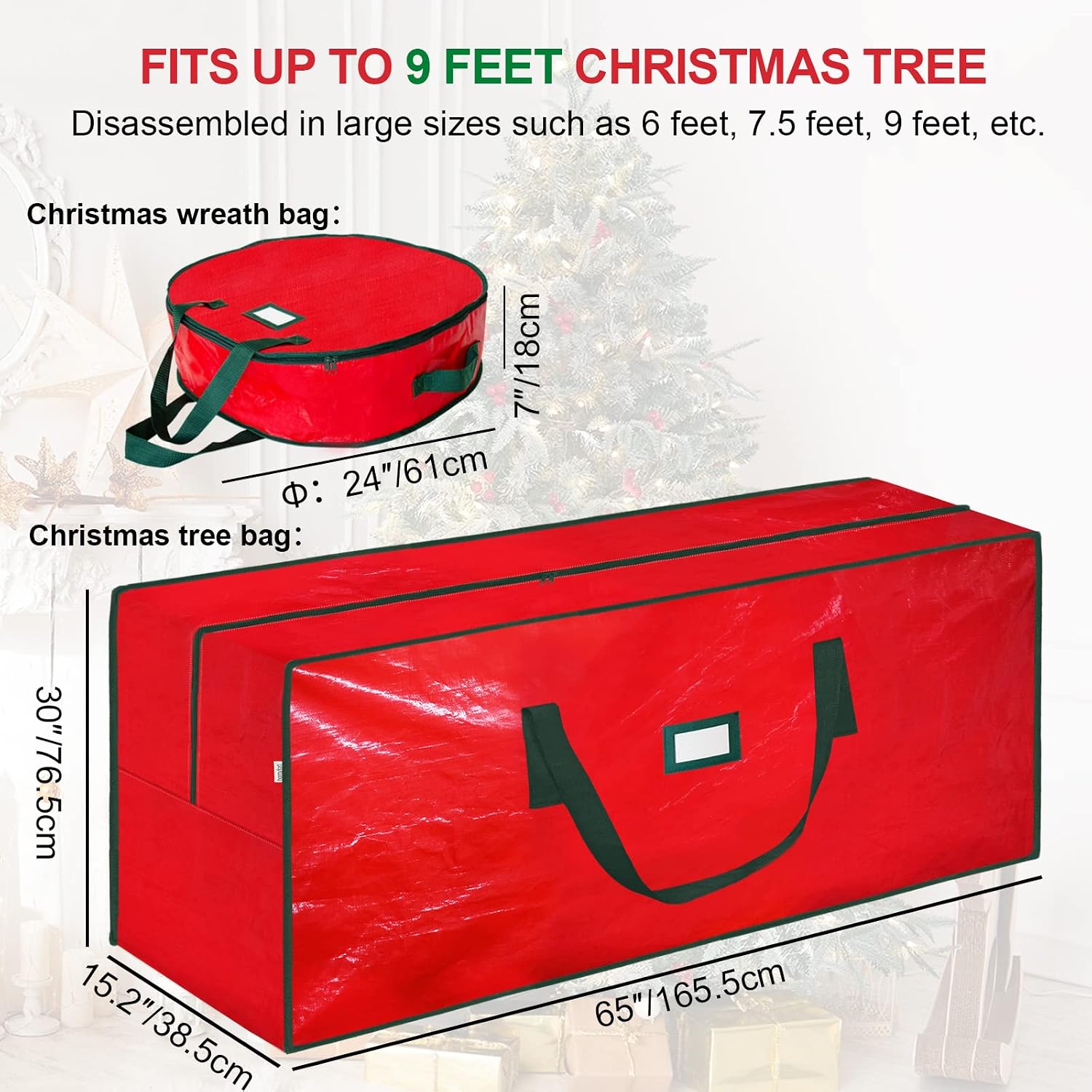 Christmas Tree Storage Bag & Wreath Storage Container, Large Waterproof Xmas Tree Storage Box Organizer, Fits Up To 9ft Artificial Tree with Sturdy Handles and Label Window (Red)