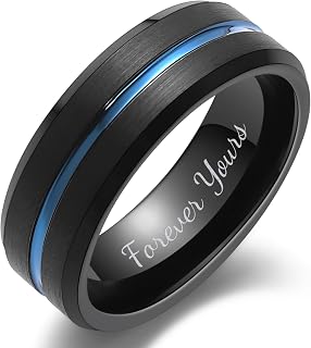 Tungsten Wedding Band for Men, Engraved and Customizable Promise Rings for Him and Her, Width 6MM 8MM Size 6-14, Center Grooved Beveled Edge, Comfort Fit