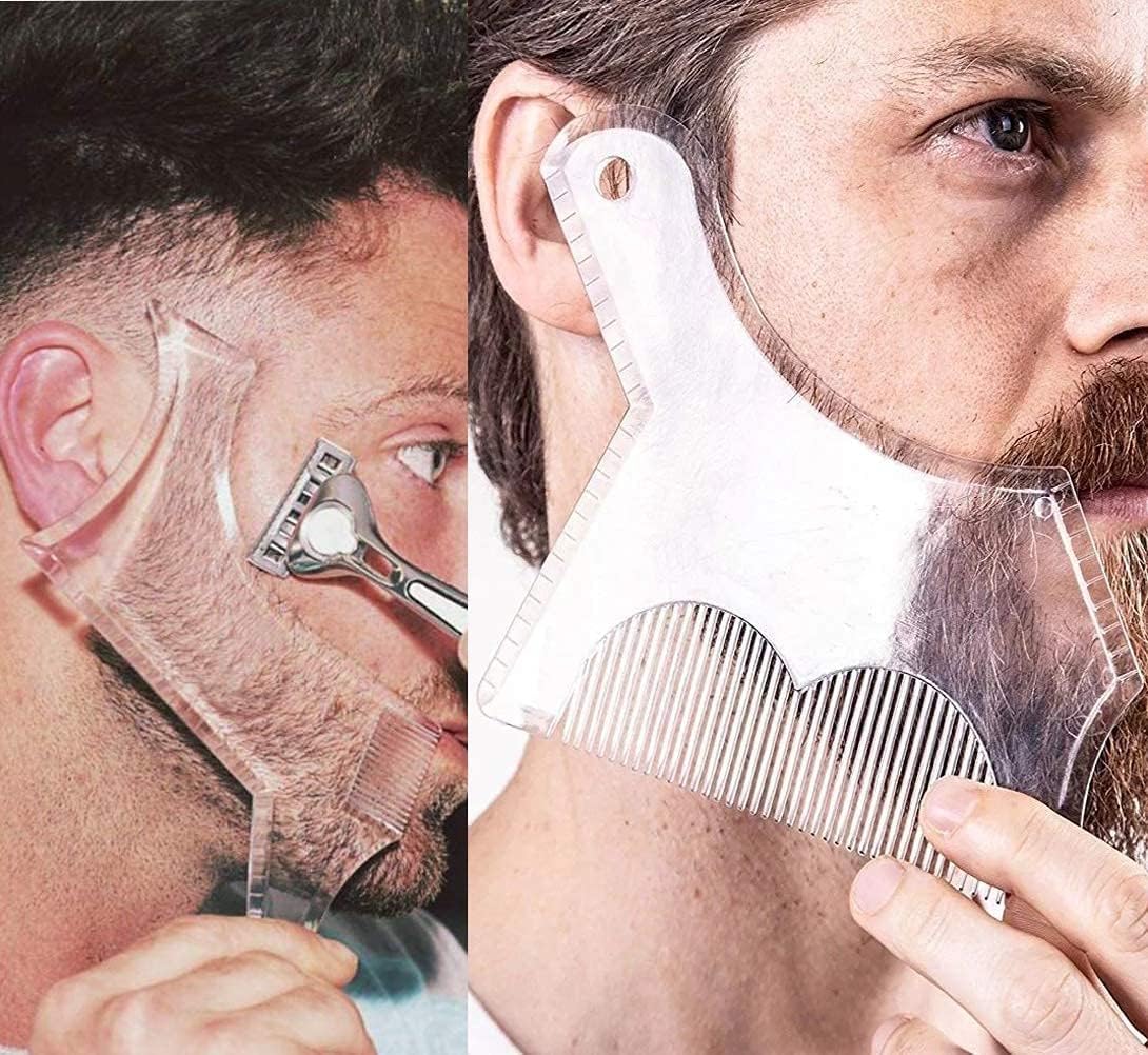 Amidalin 2PCS Men's Beard Shaping Tool Template, Beard Guide Shaper with Inbuilt Comb, Multi-liner Edges Shave for Curve/Straight/Neckline/Goatee/Sideburns