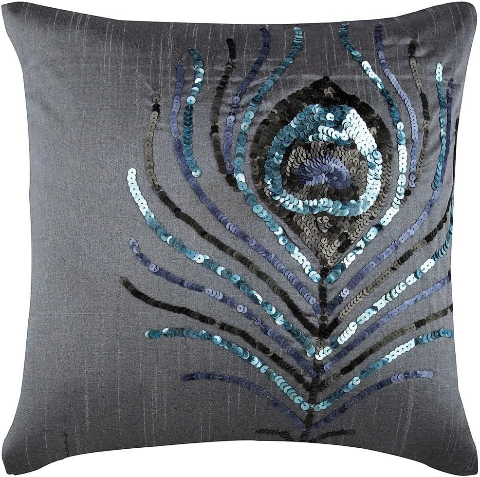The HomeCentric Cushion Cover for Sofa, Silver Pillow Cover, Sequins Peacock Feather Pillow Cover, Pillow Cover 18x18 inch (45x45 cm) Square Silk Pillow Cover, Floral Art Deco - Peacock Feather