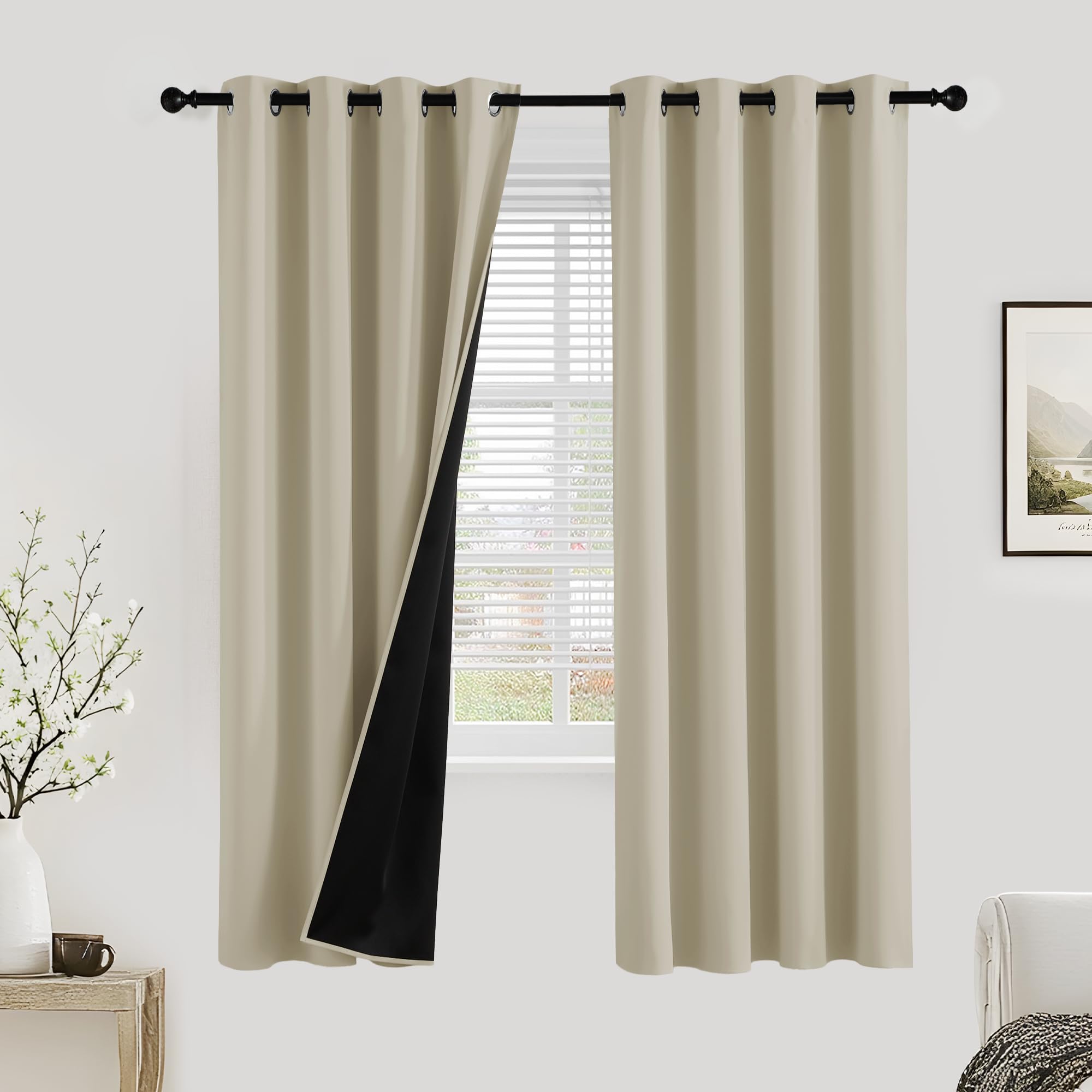 PONY DANCE 100% Blackout Curtains for Bedroom - Thermal Full Blackout Eyelet Curtains & Drapes Heat and Light Blocking Panels for Living Room with Black Liner 2 Pcs, 46 x 72 Inch, Light Beige — image 1