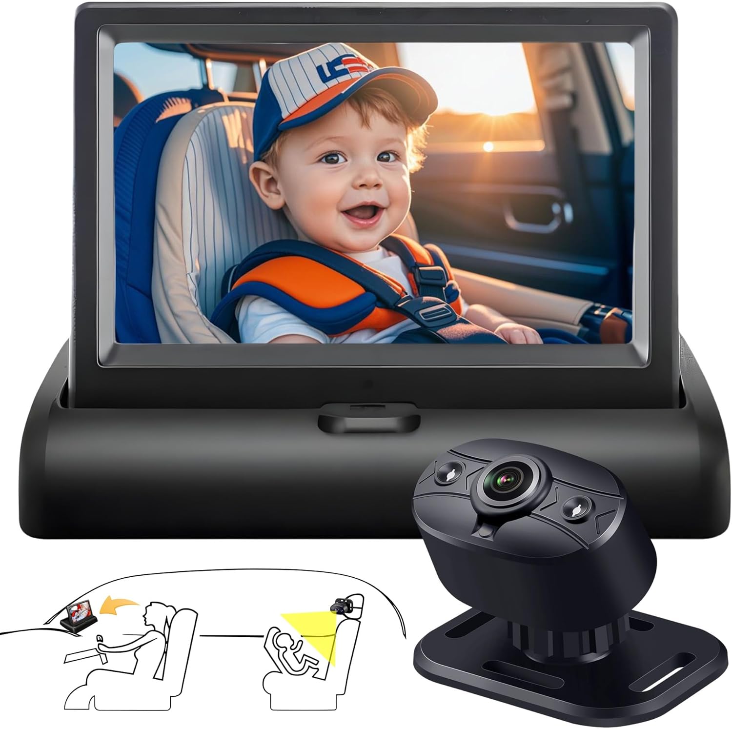 YIMU Baby Car Camera for Backseat: Rear-Facing Infant Back seat Camera Baby with HD 720P, Easy Setup, Crystal-Clear Night Vision, and 360° Rotation KB (KB40 4.3 inch)