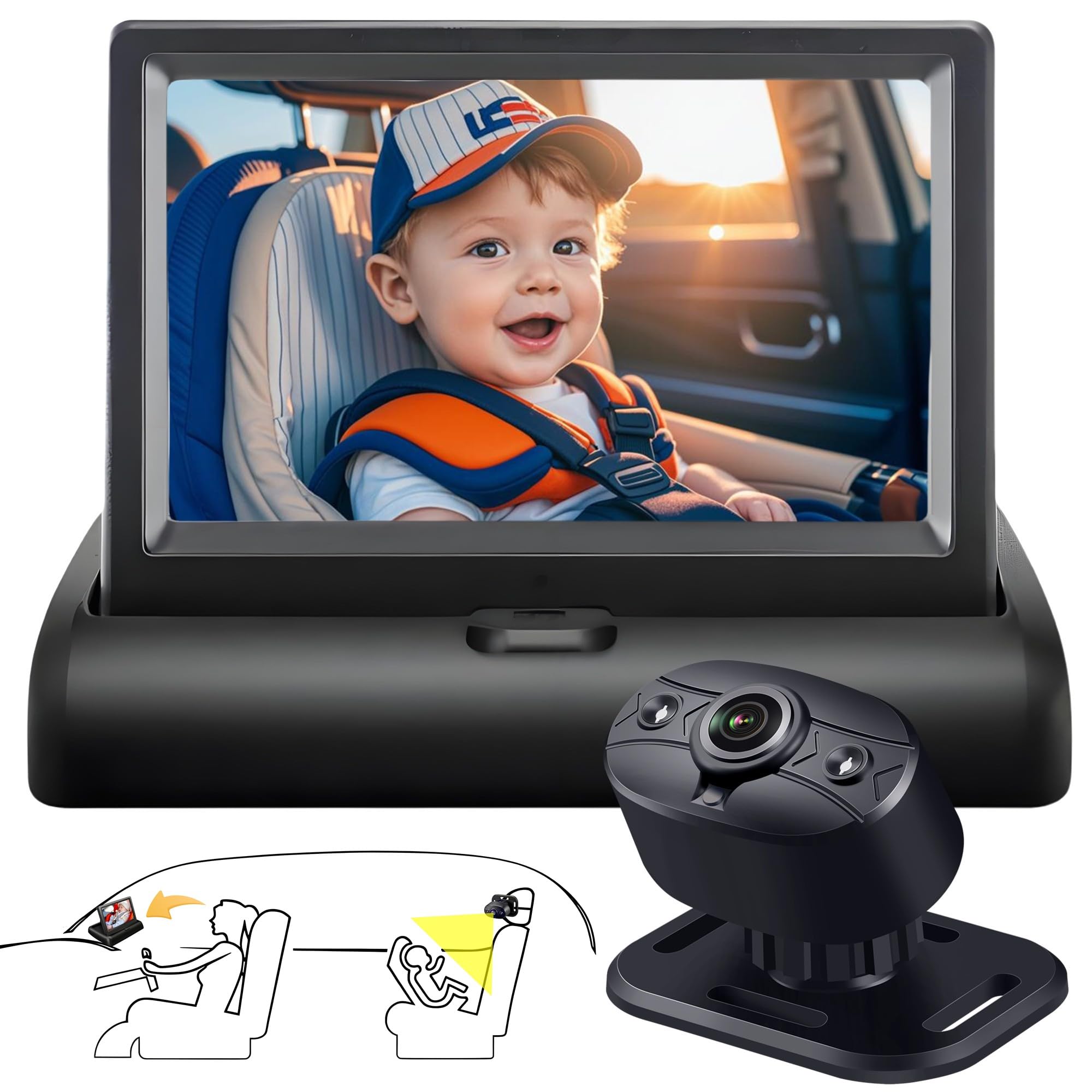 YIMU Baby Car Camera for Backseat: Rear-Facing Infant Back seat Camera Baby with HD 720P, Easy Setup, Crystal-Clear Night Vision, and 360° Rotation KB (KB40 4.3 inch)