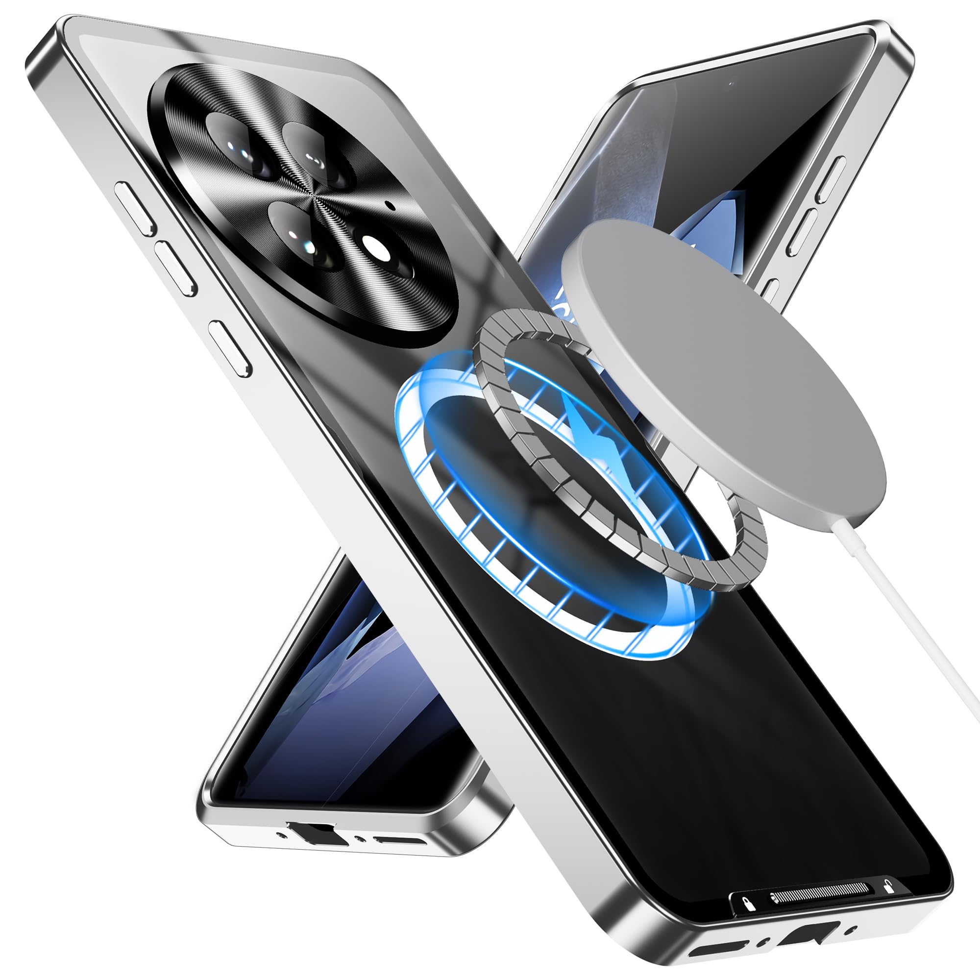 Gruattreay Magnetic Case Compatible with OnePlus 13, Metal Frame Frosted PC Back Shockproof Protective Cover with Lens Film Protection Support Wireless Charging (Silver)