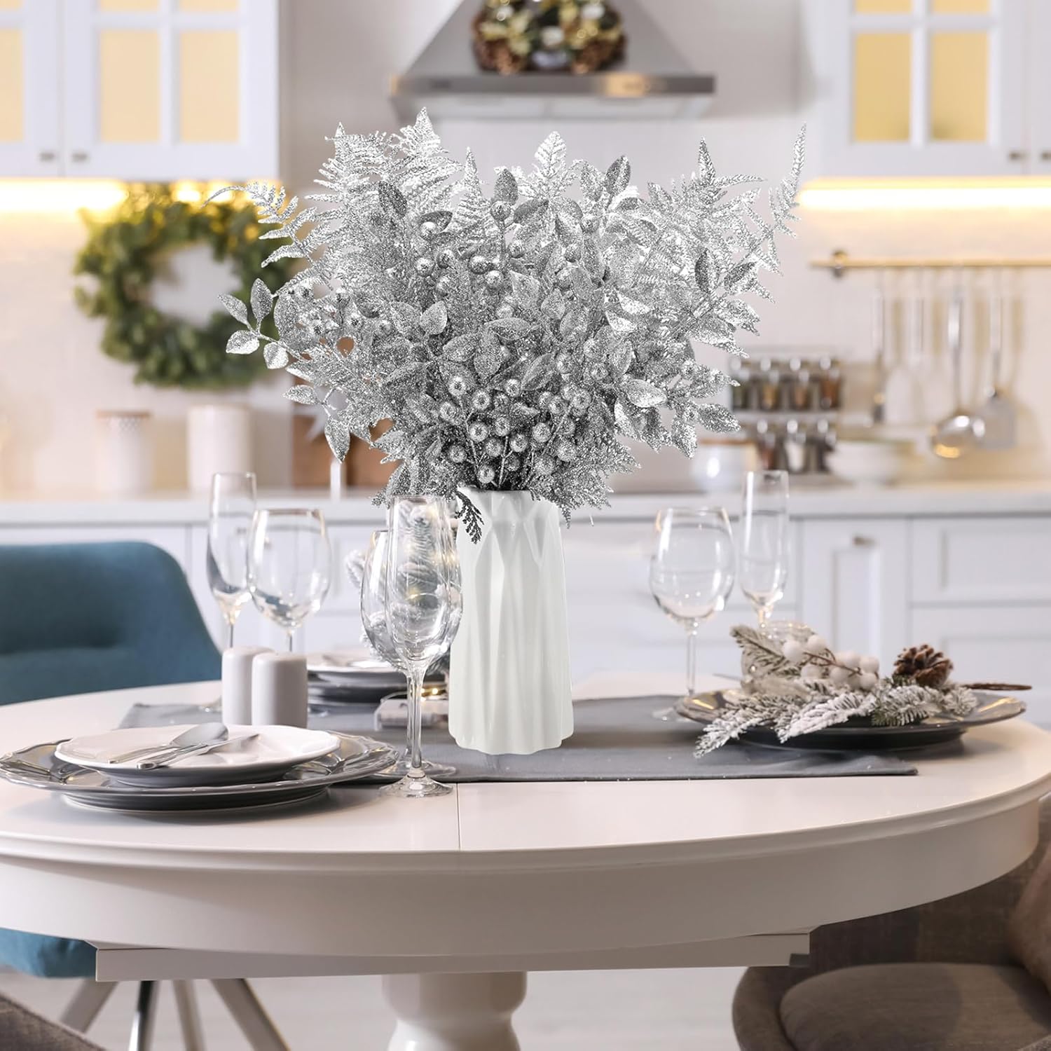 Moucuny Christmas Glitter Artificial Picks Set Leaf Sprays Cedar Picks Glitter Berries Stems Tropical Leaf Pine Needles Xmas Stems Branches for Christmas Tree Vase Home(Silver,80 Pcs)